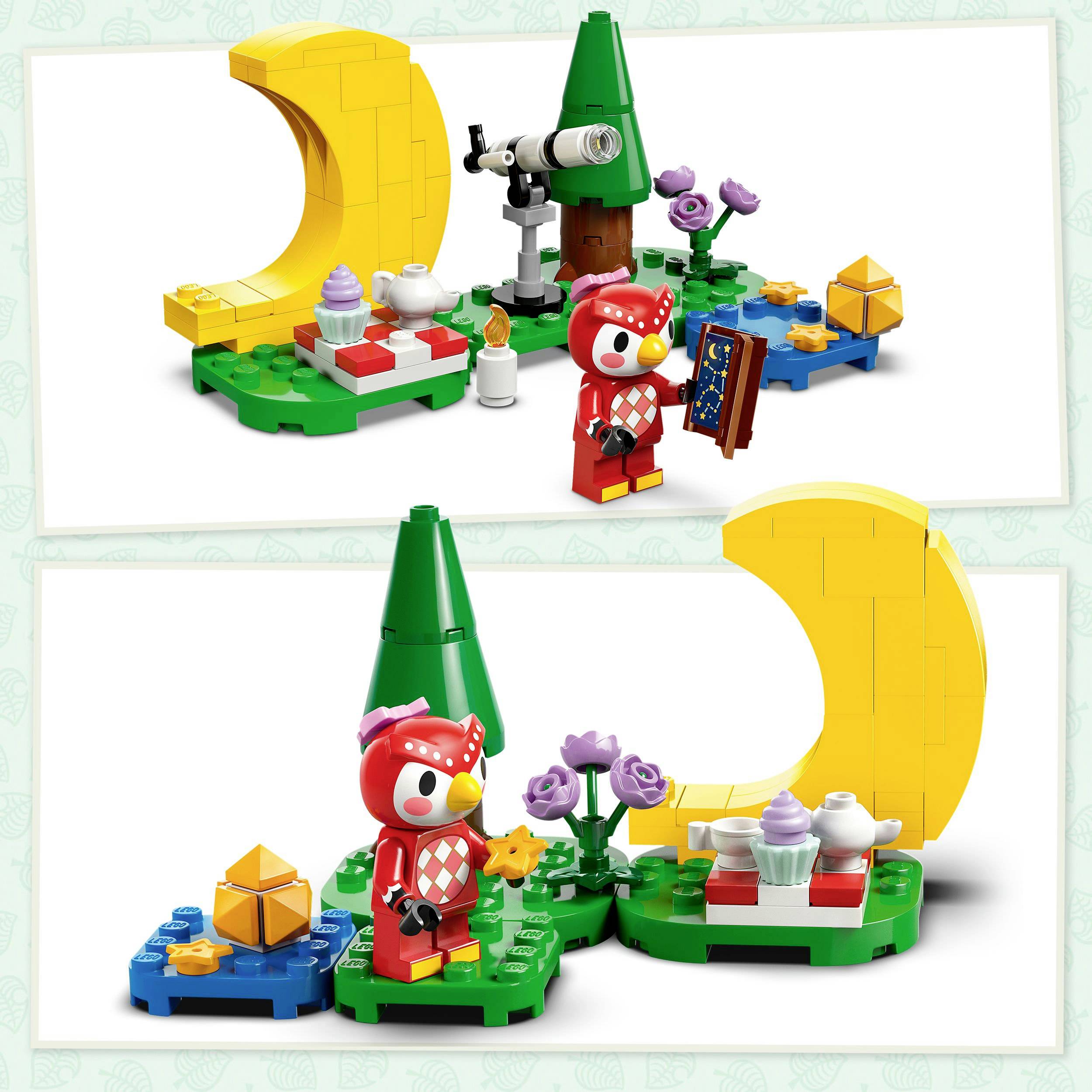 Un ensemble LEGO présente un décor de demi-lune jaune avec un arbre, des fleurs, un télescope et une figurine en rouge tenant une carte, disposés en haut et en bas.