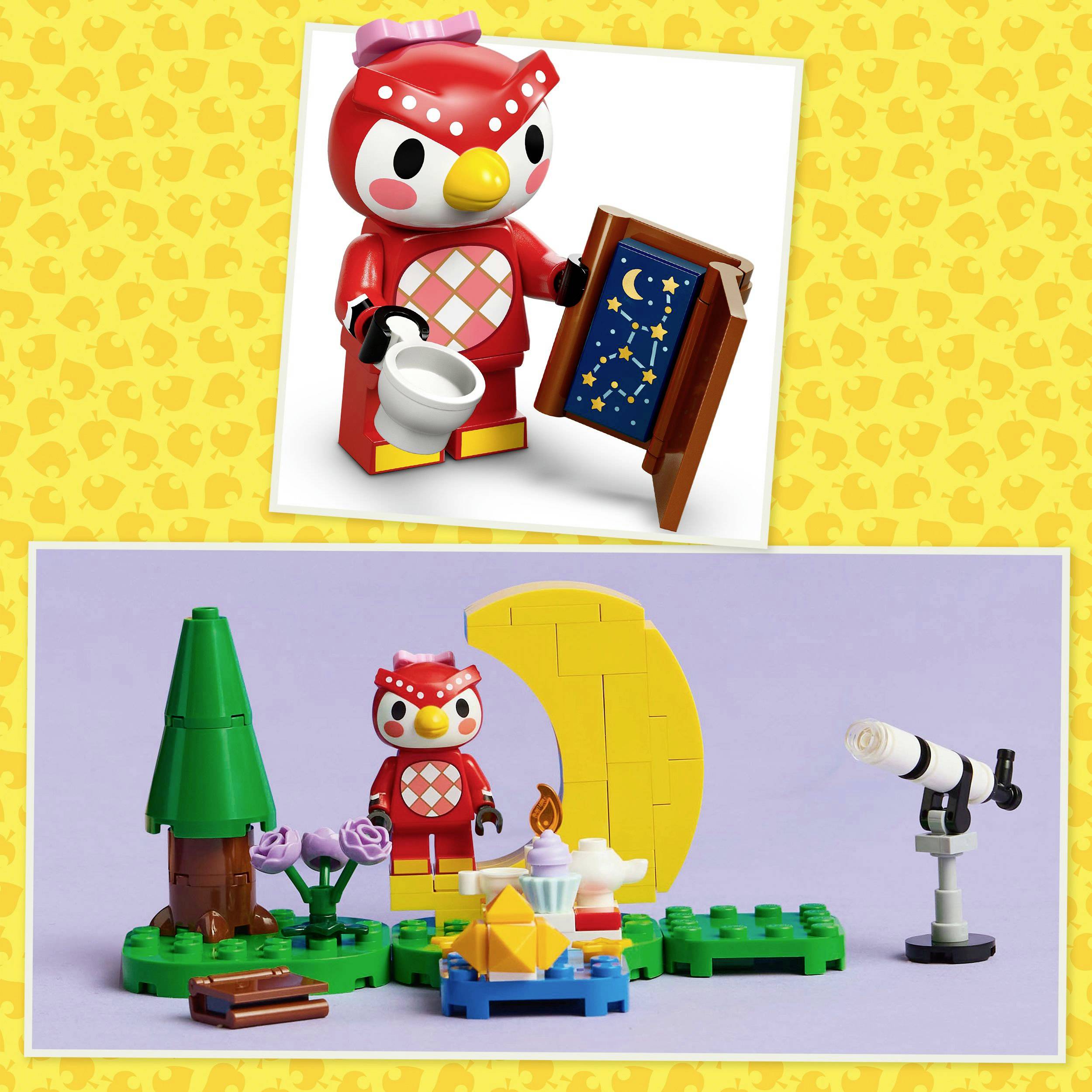 Figurine LEGO portant une tenue rouge et tenant un livre sur les constellations, entourée d'un arbre, d'une lune, d'un feu de camp et d'un télescope sur un fond jaune.