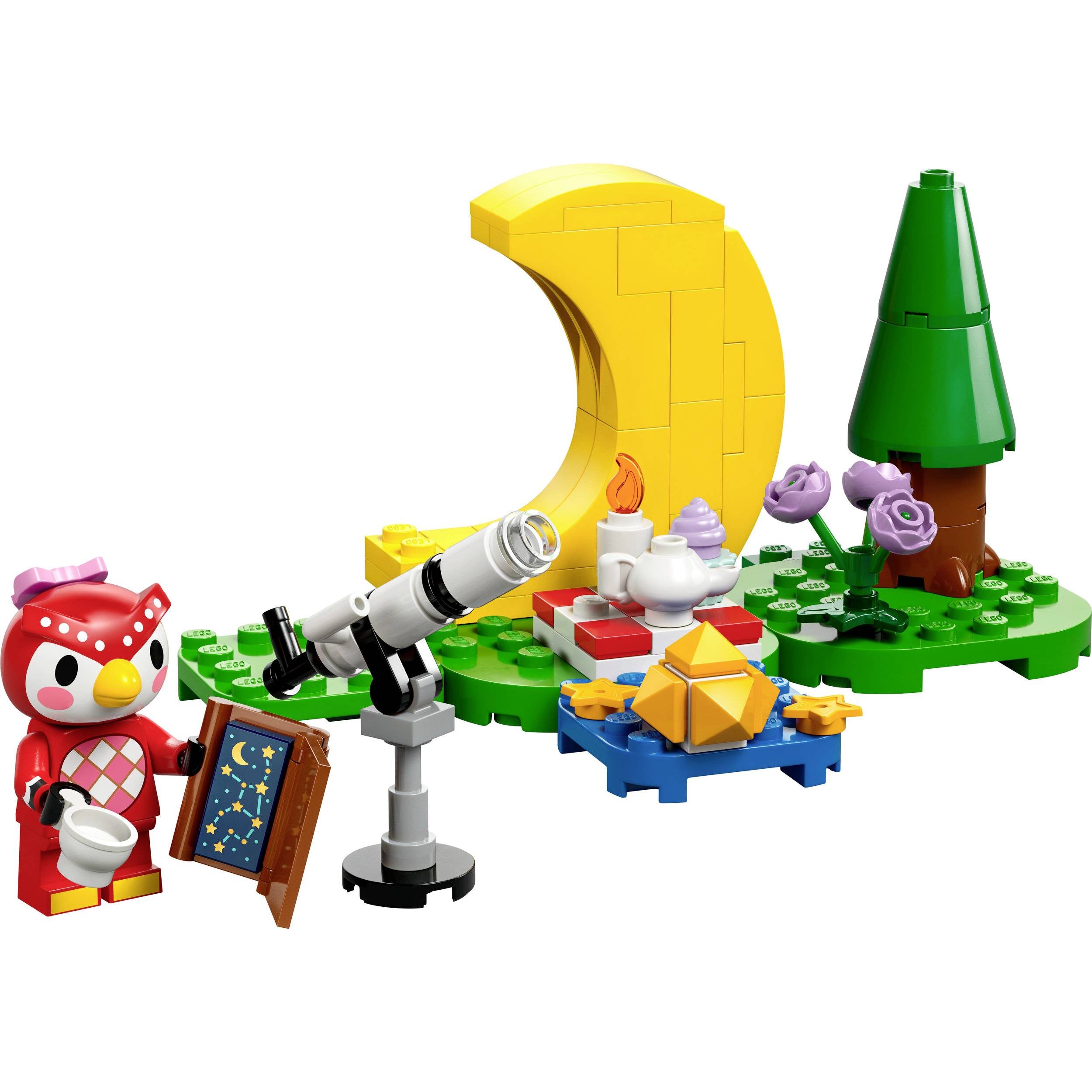 Une petite scène Lego montre un hibou avec un livre, un télescope, un arbre, la lune et une table avec des tasses, dans une clairière forestière.