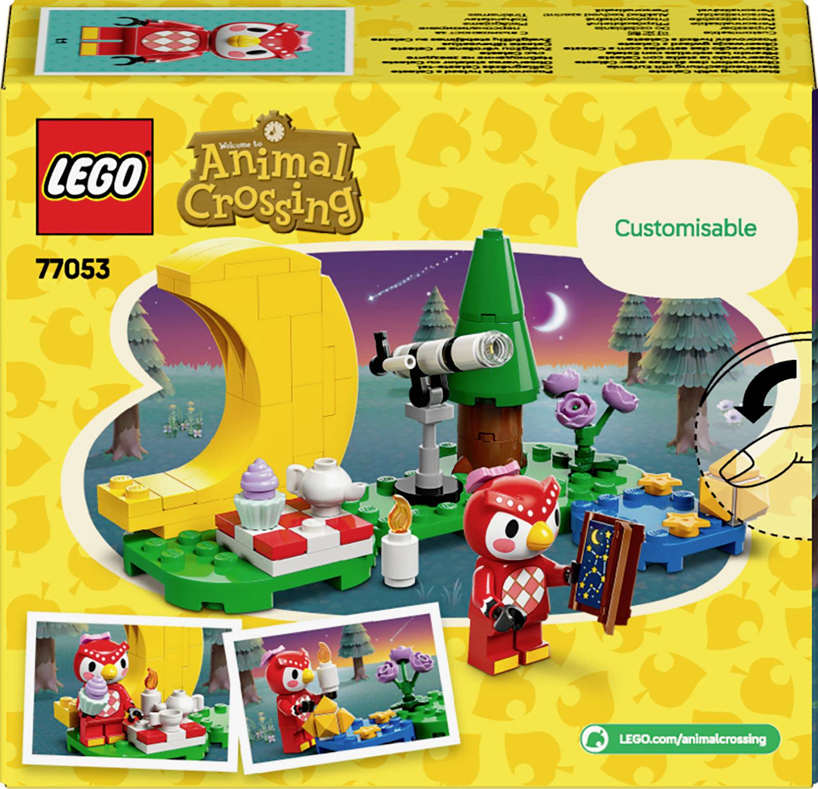 Ensemble LEGO sur le thème d'Animal Crossing : Arbre, lune, télescope et figurine en tenue rouge dans la forêt. Jouet personnalisable et thématique.