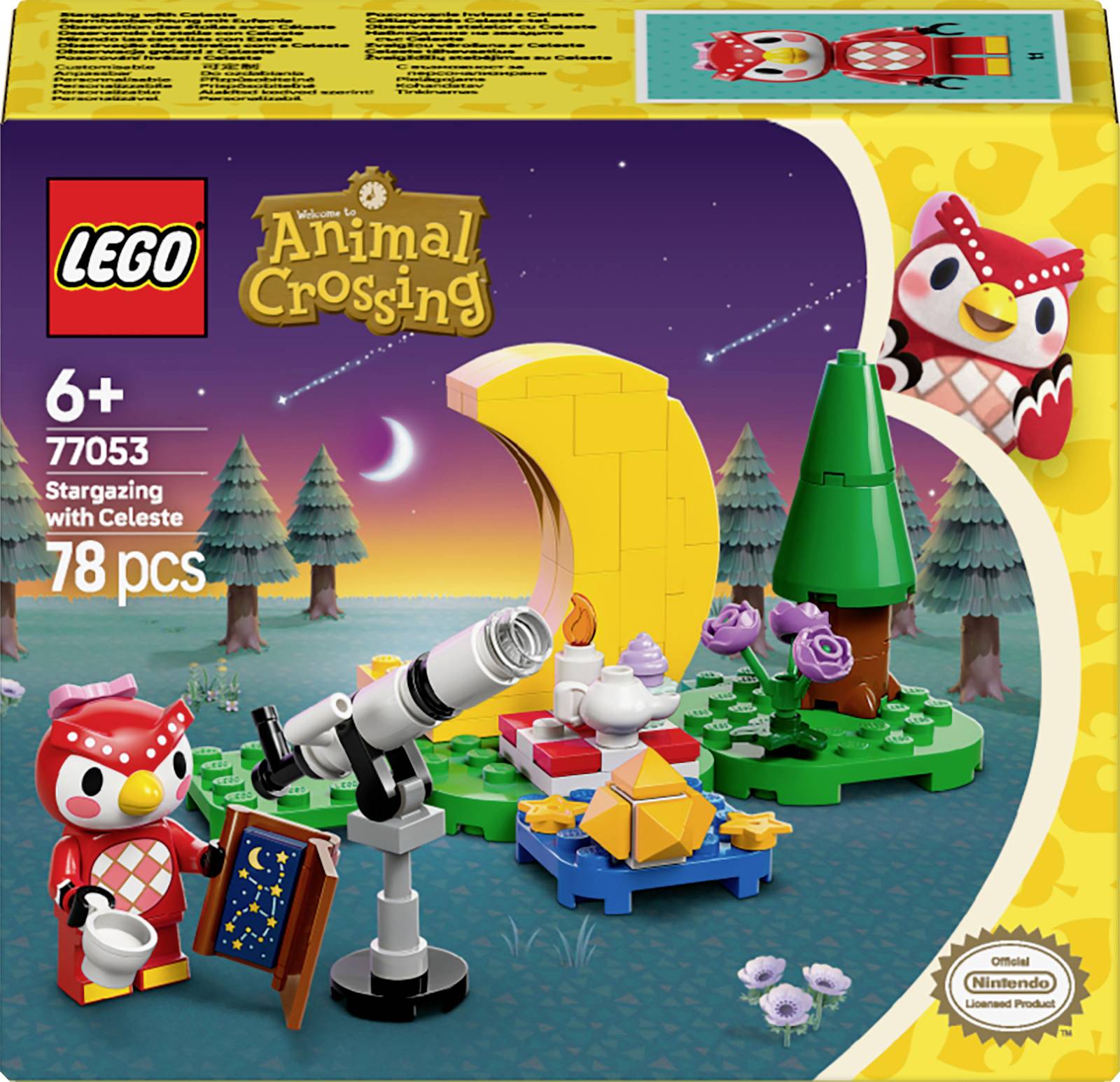 Ensemble Lego avec une figurine de 'Animal Crossing', un télescope, une théière et un grand croissant de lune jaune. Arrière-plan : Ciel nocturne.