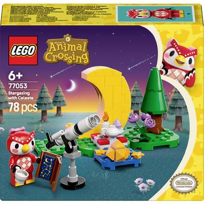 Ensemble Lego avec une figurine de 'Animal Crossing', un télescope, une théière et un grand croissant de lune jaune. Arrière-plan : Ciel nocturne.