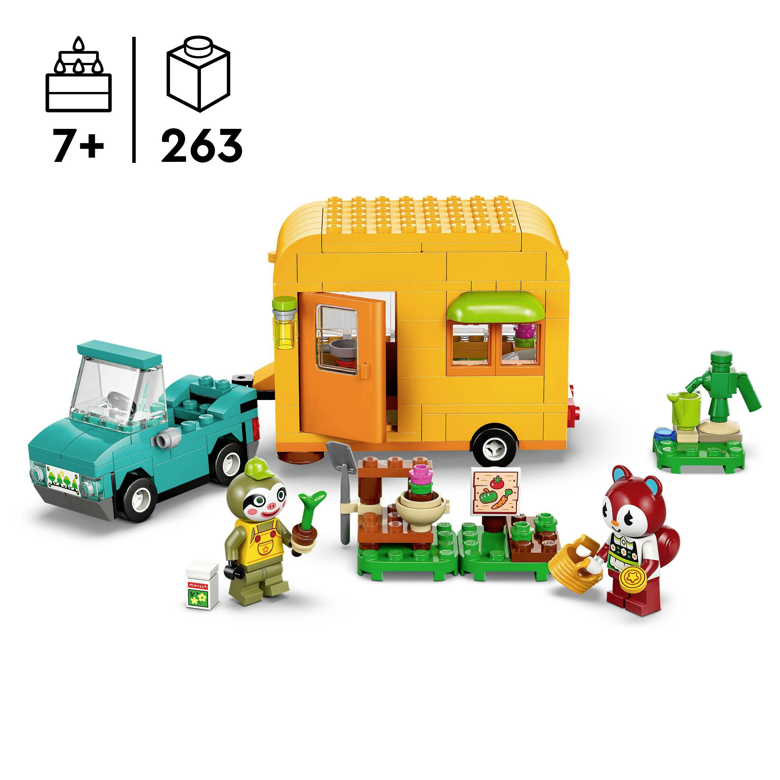 Ensemble Lego de 263 pièces : camion de restauration orange, figurine verte avec salade et figurine rouge avec panier de carottes, recommandé à partir de 7 ans.