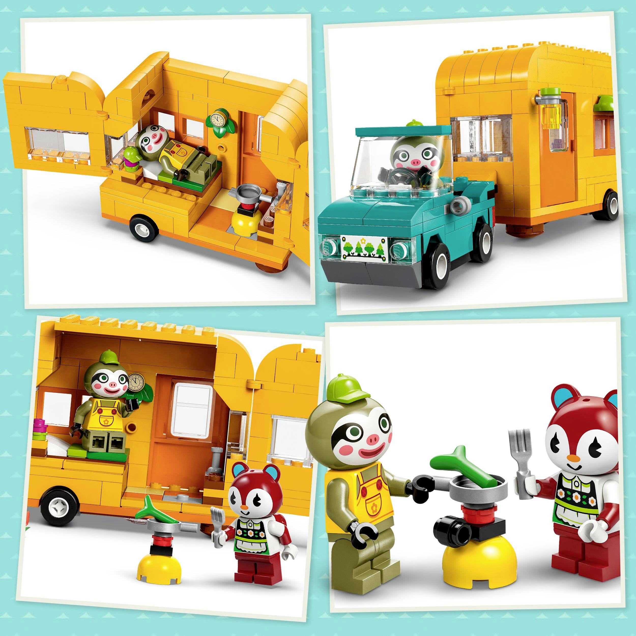 Un ensemble de construction pour camping-car avec des figurines d'animaux. Une figurine conduit le véhicule, deux autres interagissent à l'extérieur avec des accessoires.
