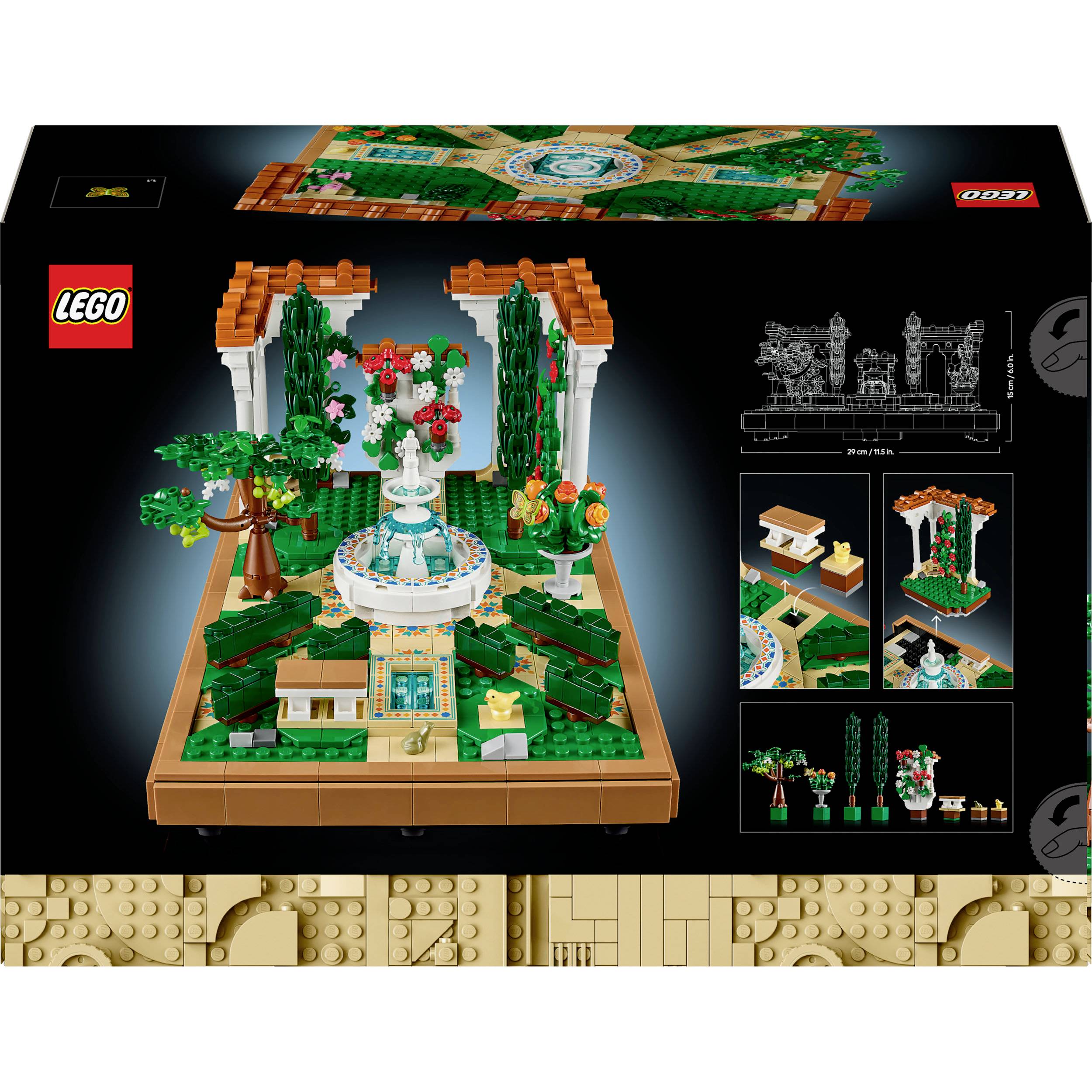 Le set LEGO présente un petit jardin détaillé avec des roses rouges, une fontaine, des arbres et une arcade. Comprend des instructions de montage et des photos du modèle terminé.