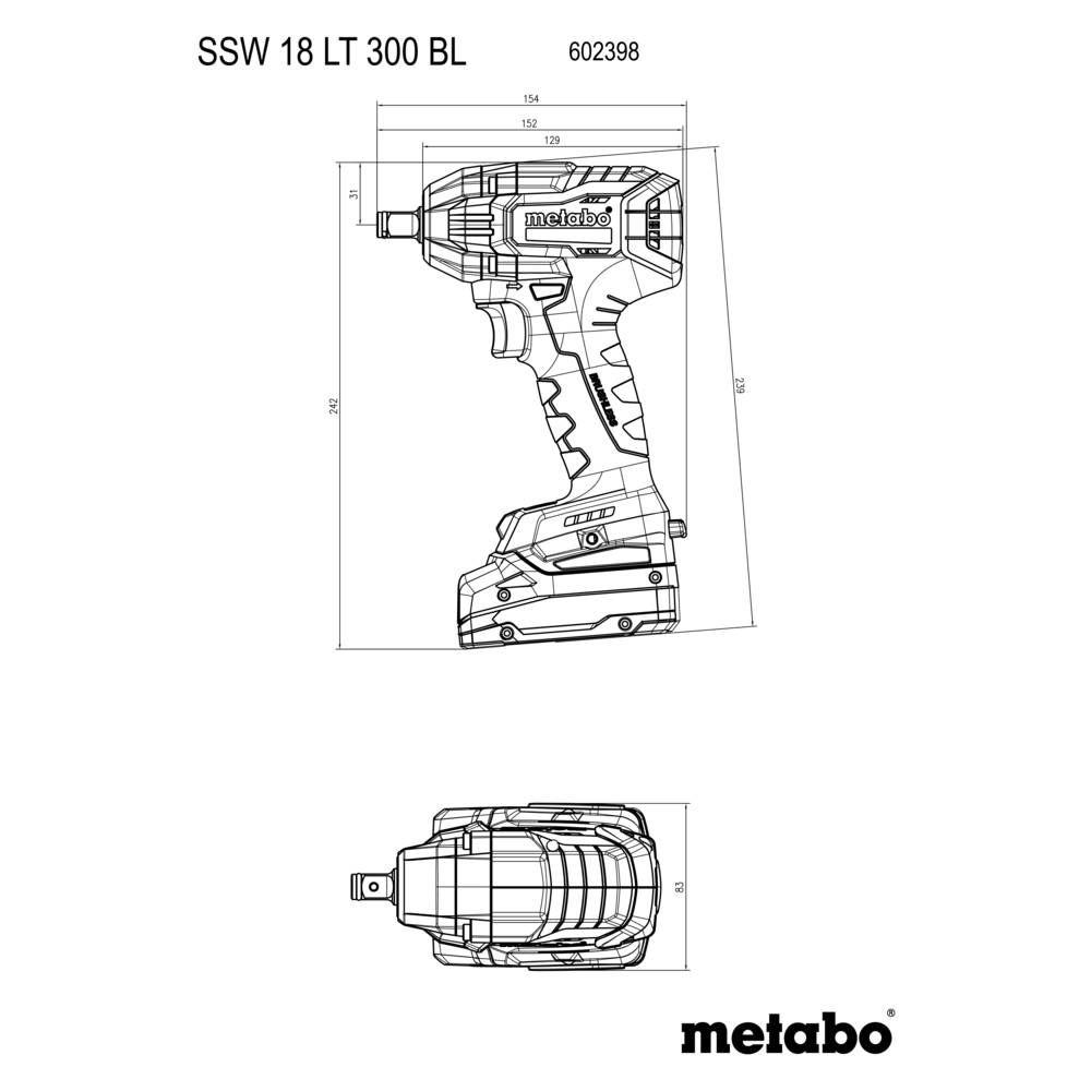 Dessin technique d'une visseuse à chocs sans fil Metabo portant la référence « SSW 18 LT 300 BL » et le modèle 602398, présenté en vues latérale et supérieure avec cotes dimensionnelles.