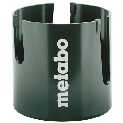 Une couronne de forage noire portant l'inscription 'metabo' en blanc. La couronne de forage présente des fentes sur le côté.
