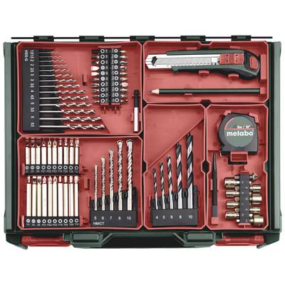 Remplacement de forets Metabo dans un coffret organisé. Côté gauche : forets et embouts. Côté droit : cutter, mètre ruban, crayon et embouts de cheville.