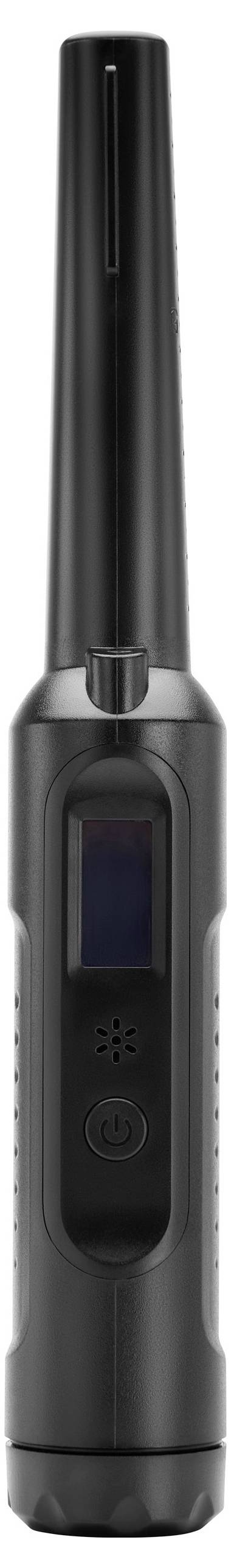 Un dépoussiéreur électrique noir et gris avec une poignée étroite et une fente d'aération ovale. Adapté pour le nettoyage des appareils électroniques.
