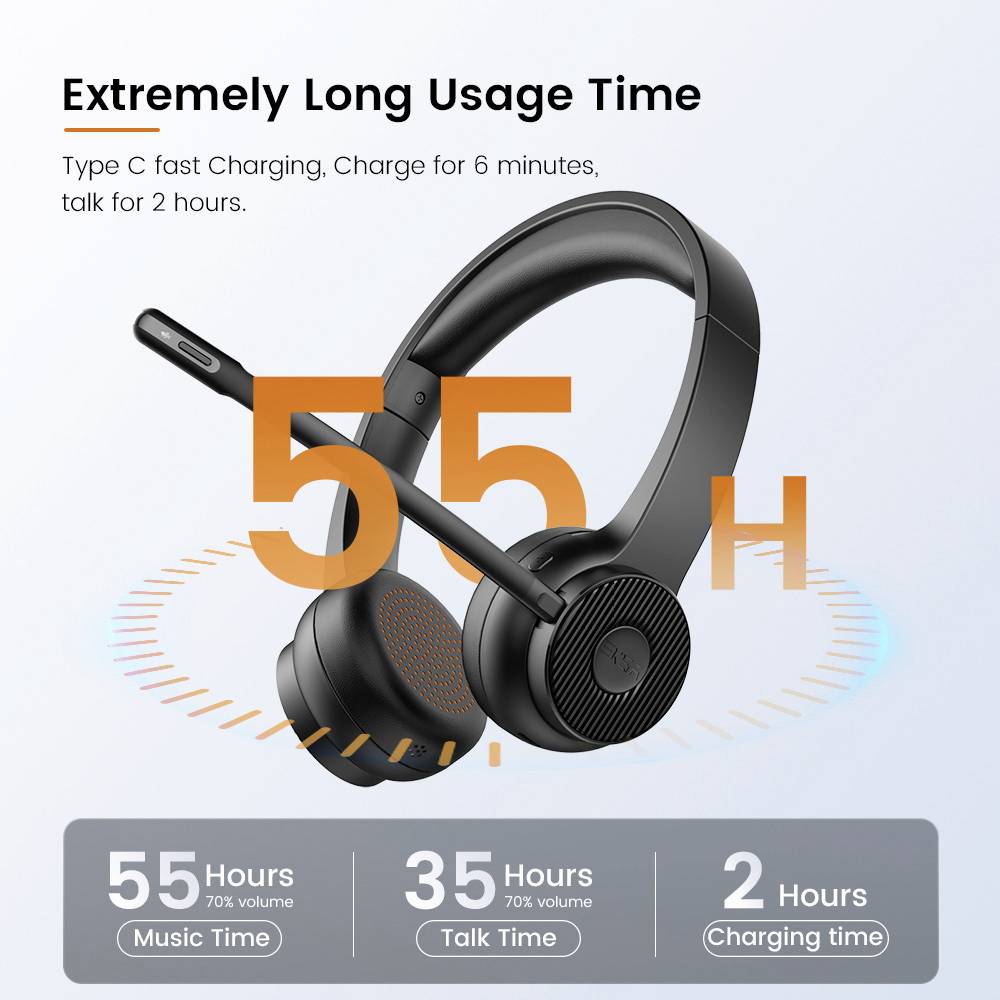 Écouteurs sans fil, noirs, avec fonction de charge rapide USB-C. Se charge en 6 minutes pour 2 heures de temps de conversation. Jusqu'à 55 heures de musique.