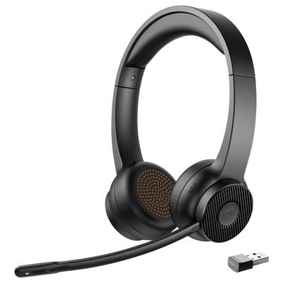 Casque sans fil noir avec microphone et récepteur USB. Idéal pour les appels ou la musique. Design ergonomique avec des coussinets d'oreille rembourrés.