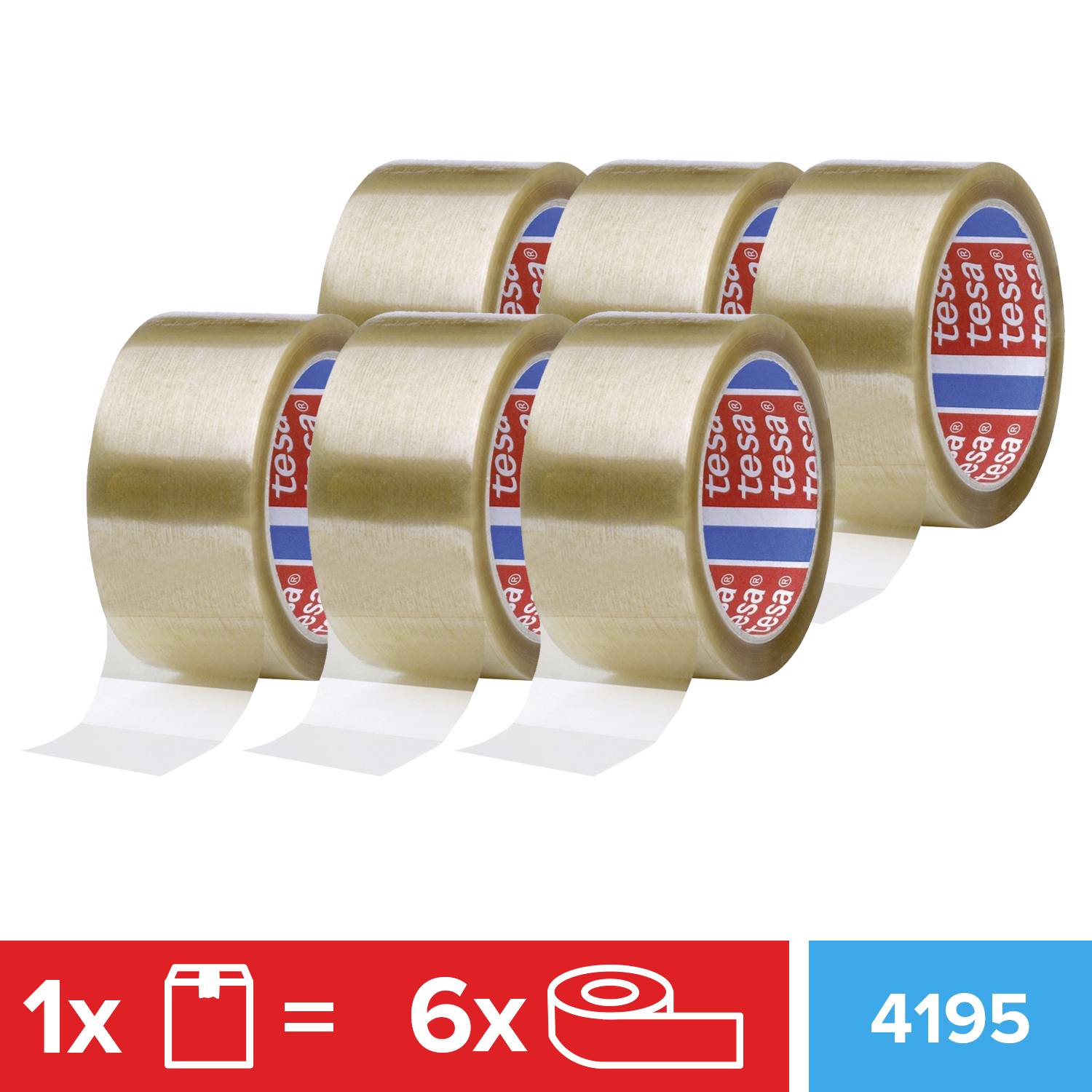 Six rouleaux de ruban adhésif transparent, adaptés pour l'emballage, sur un fond gris. Chaque rouleau possède un noyau rouge.