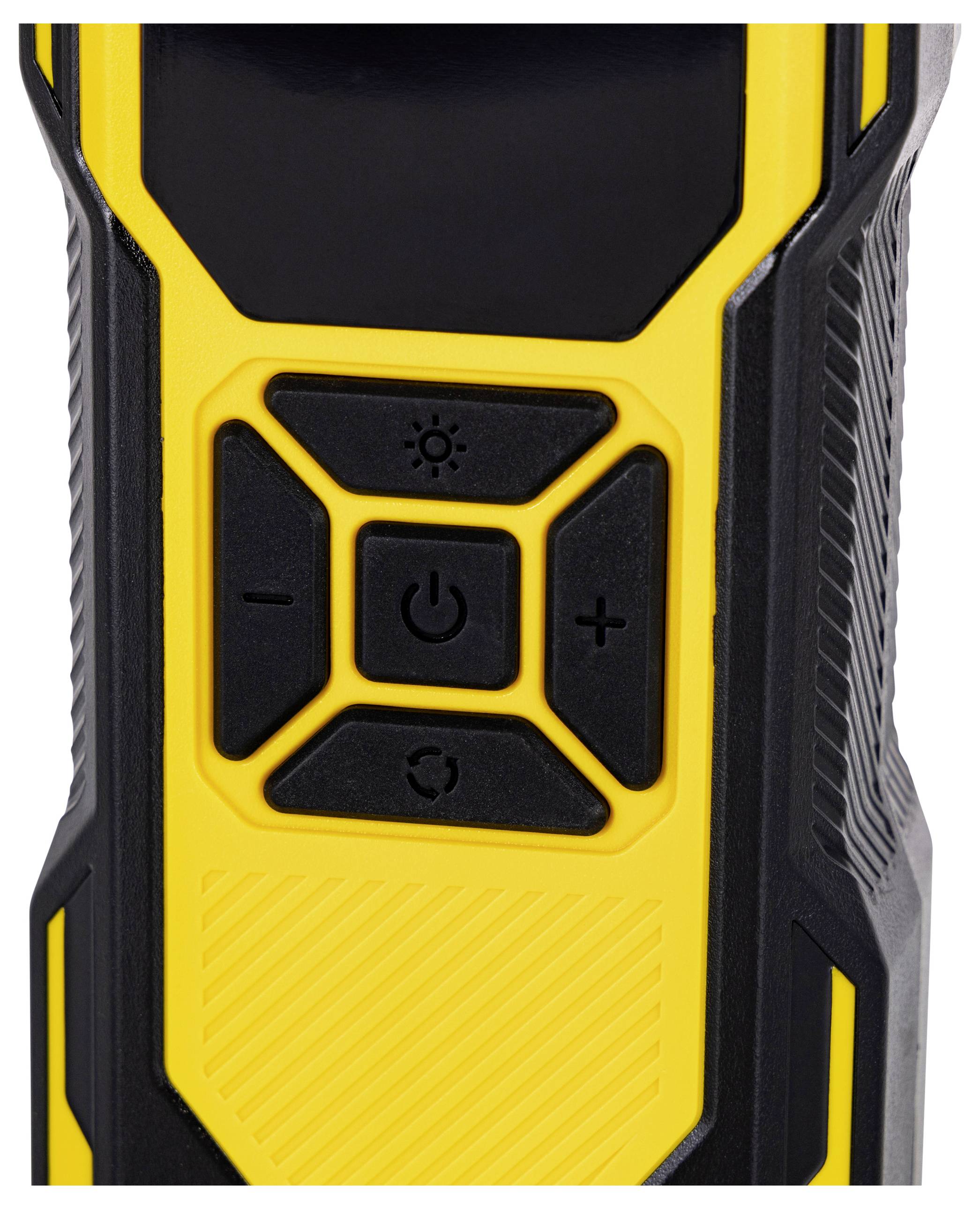 Gros plan d'un boîtier d'appareil jaune et noir avec plusieurs touches de fonction noires.