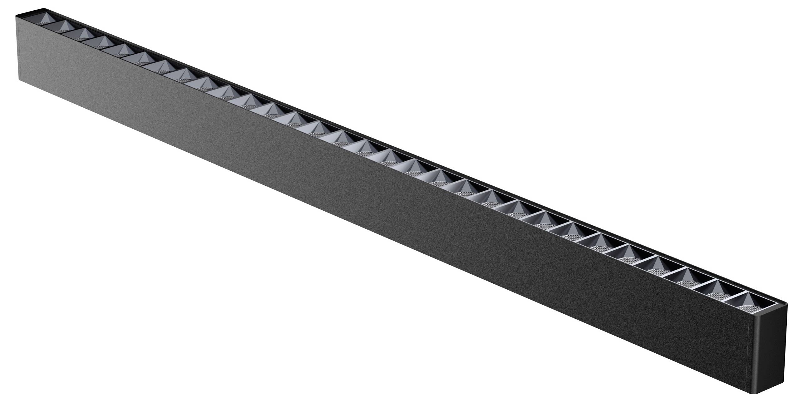 Long objet rectangulaire noir avec des enfoncements carrés sur le dessus, probablement un composant technique.