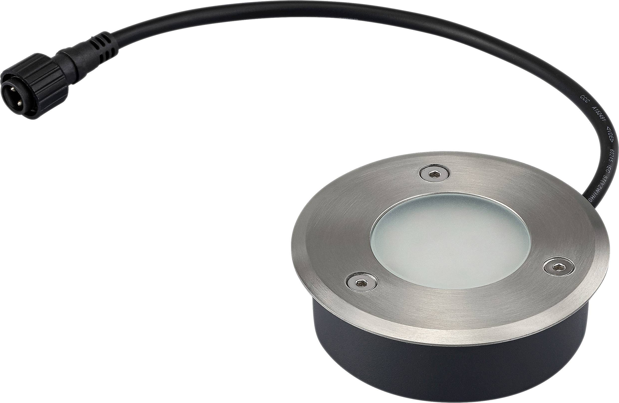 Un luminaire encastré de sol rond en métal, avec un couvercle en verre dépoli et un câble électrique intégré, conçu pour une utilisation extérieure.