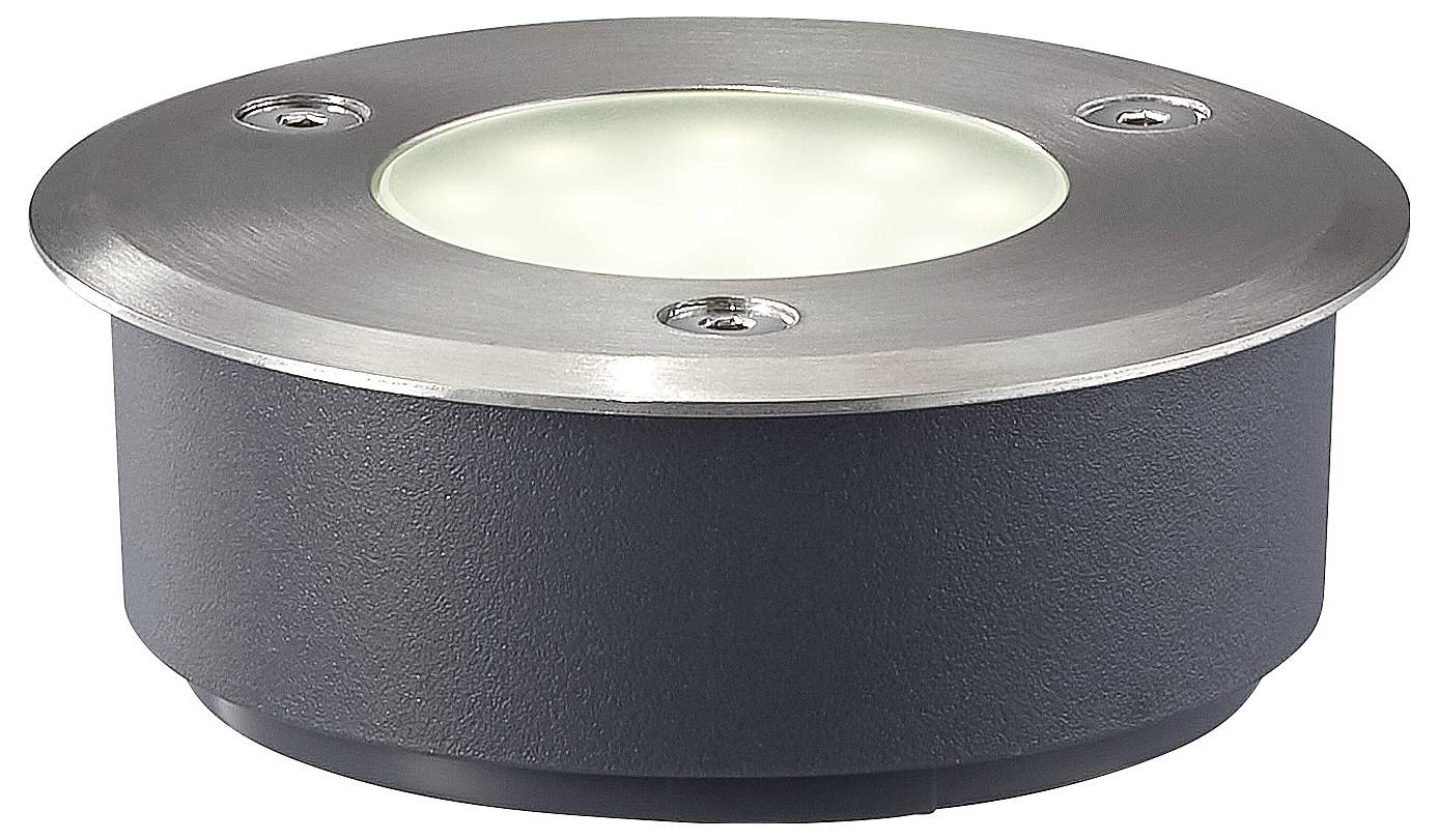 Luminaire LED encastré au sol avec châssis en acier inoxydable et vis apparentes, adapté à l'éclairage extérieur ou de chemin.