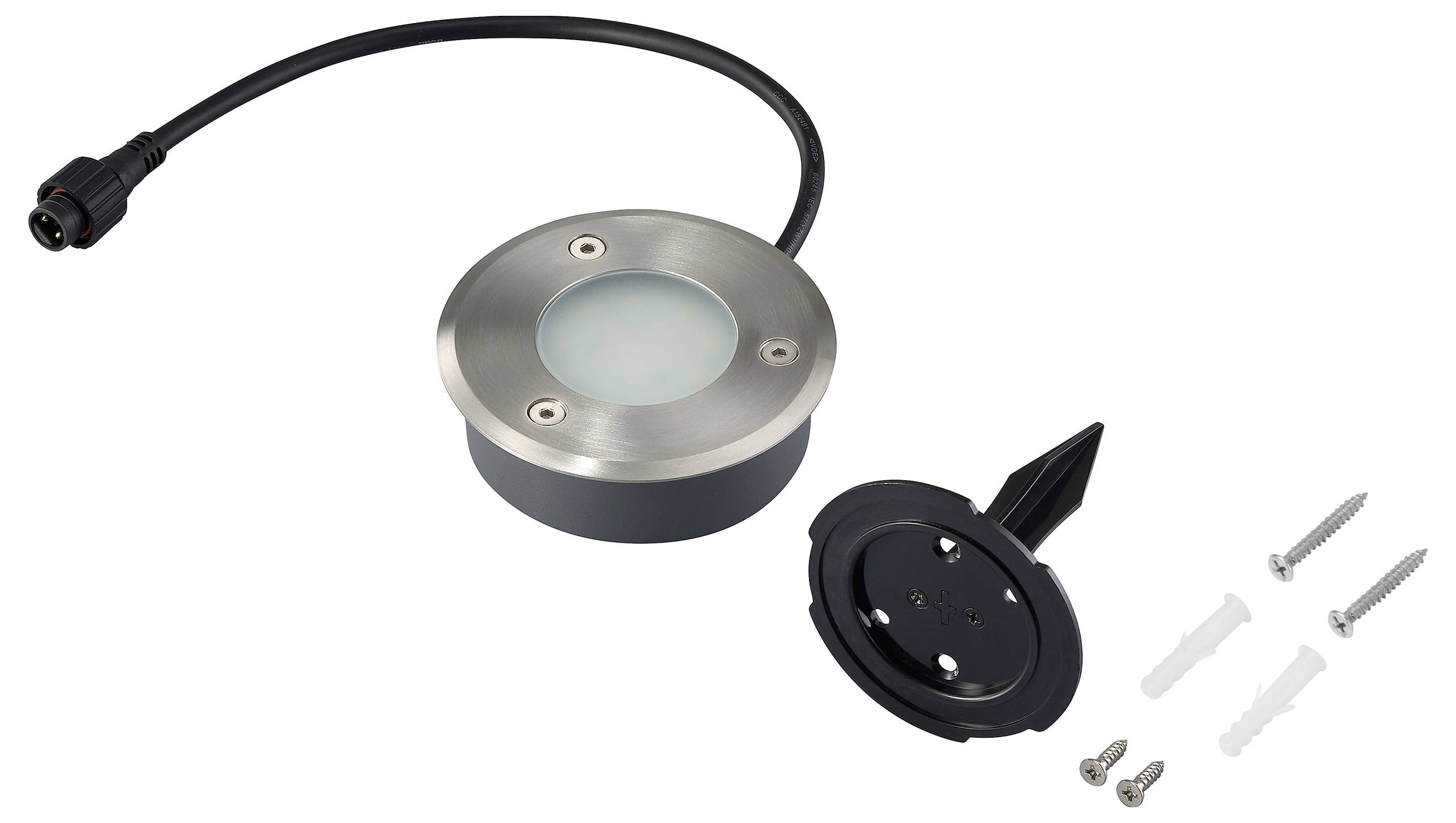 Lumière de terrasse LED ronde avec bordure en acier inoxydable, câble de connexion, piquet de montage et vis pour installation.