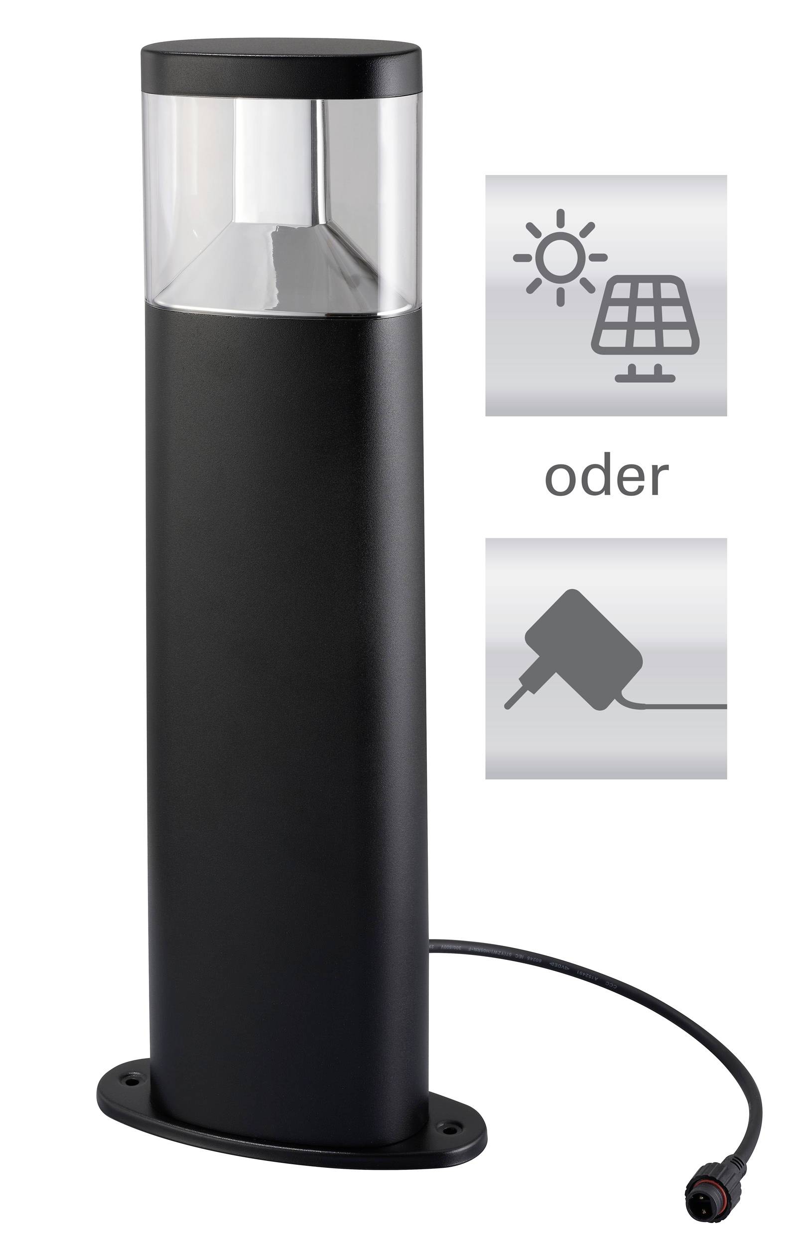 Une lampe d'extérieur moderne noire avec panneau solaire et options d'alimentation par prise, illustrée à côté d'elle, étiquetée avec le mot « oder » signifiant « ou ».