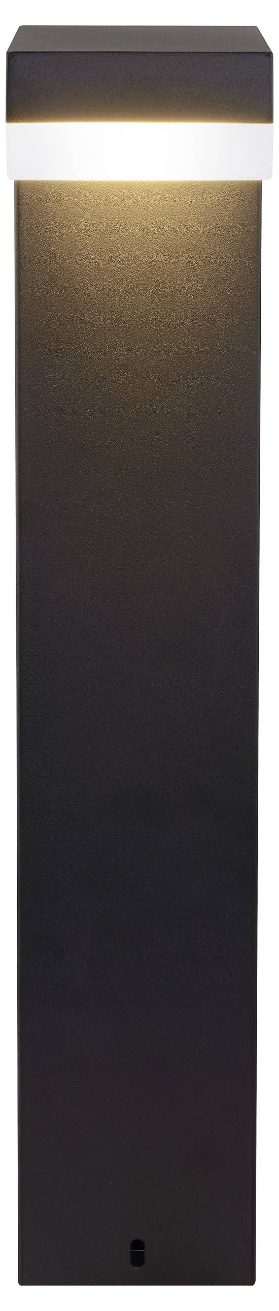 Un luminaire de borne extérieur noir à forme rectangulaire, avec un sommet chaleureux et lumineux, idéal pour l'éclairage de jardin ou de sentier.