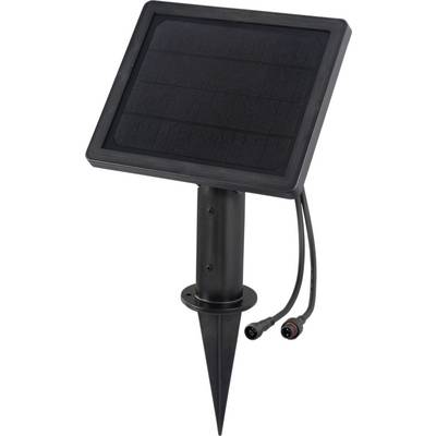 Un petit panneau solaire noir avec deux connecteurs à la base, monté sur un piquet pour une installation au sol.