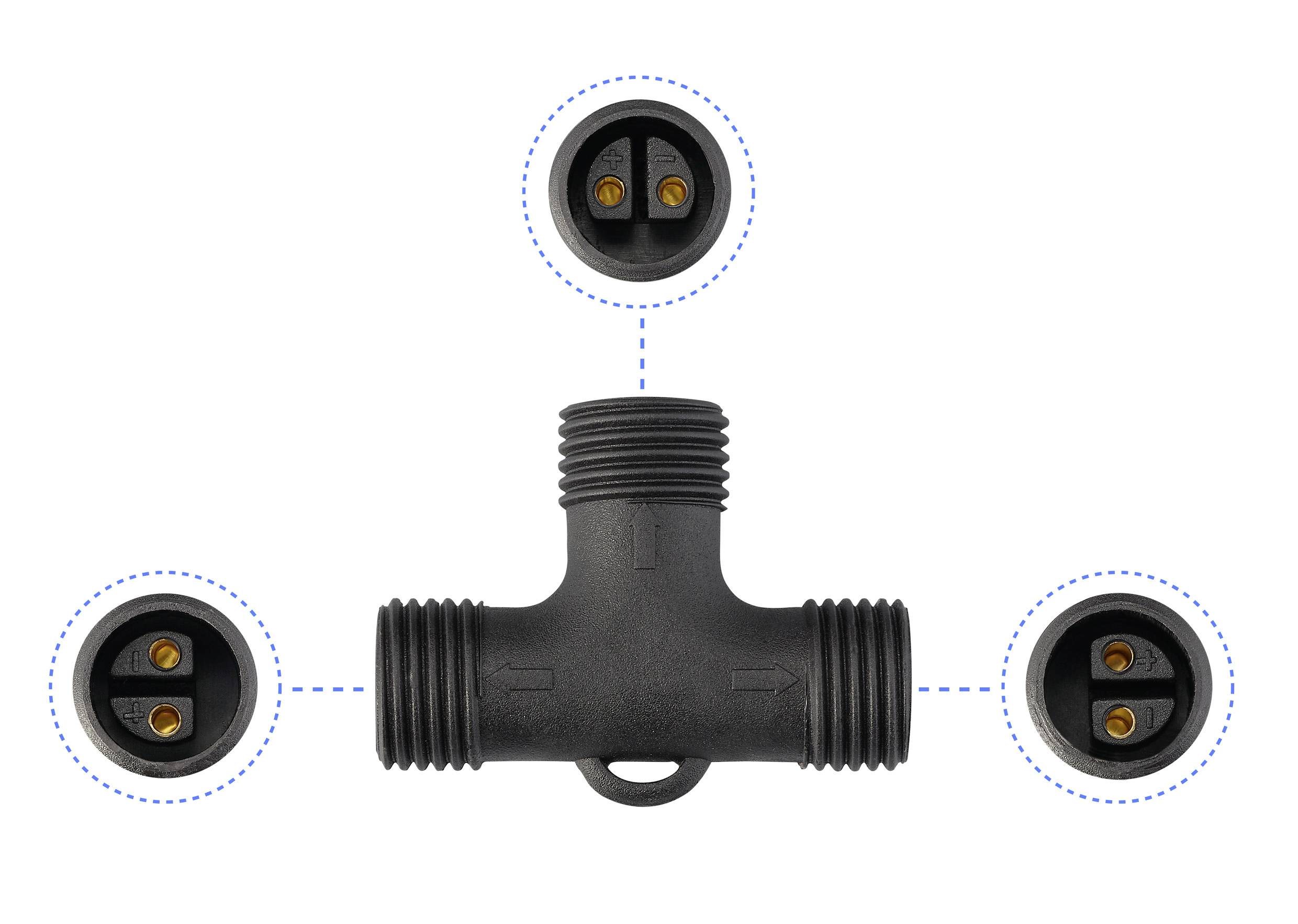 Connecteur électrique en forme de T avec trois ports, présenté avec des vues rapprochées de chaque port. Chaque port possède deux broches en cuivre pour la connexion.