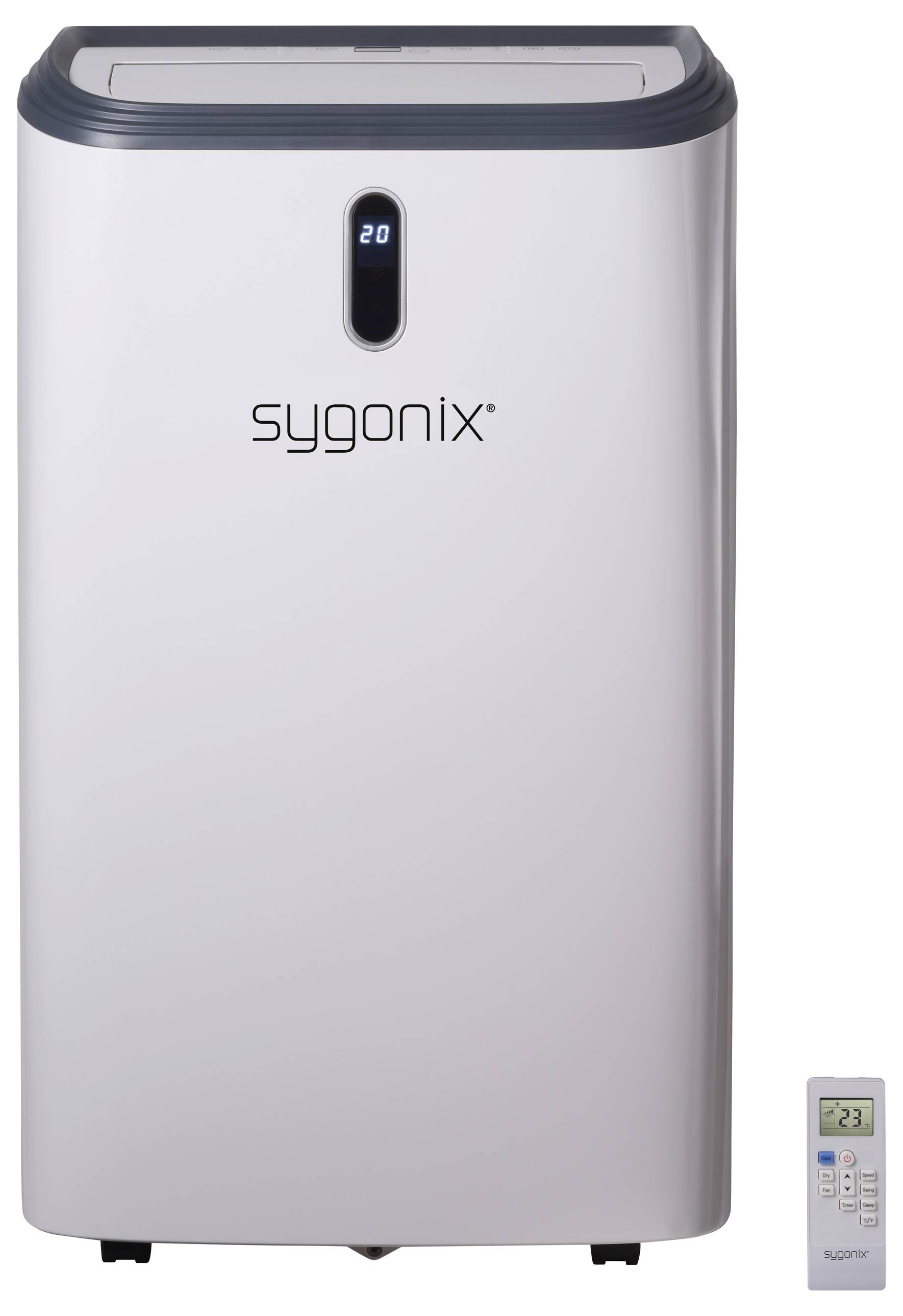 Un climatiseur blanc et vertical avec un affichage numérique indiquant '20' est visible. La marque 'sygonix' est inscrite sur l'appareil. Une télécommande est posée à côté.