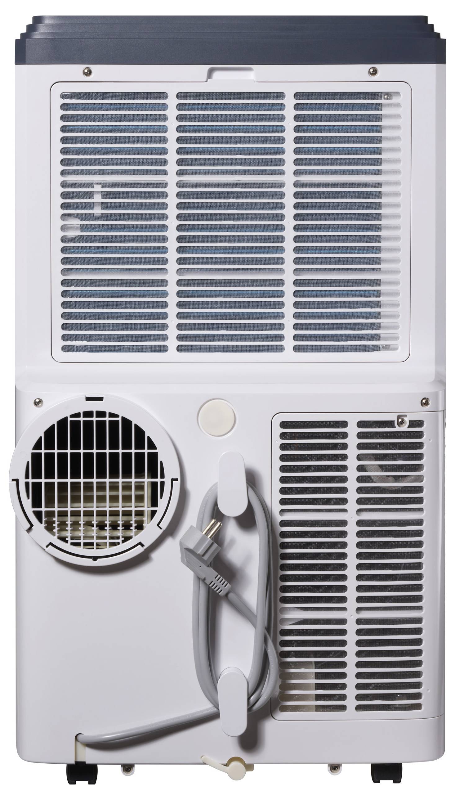 Verso d'un climatiseur mobile avec grilles de ventilation, fiche électrique et roulettes.