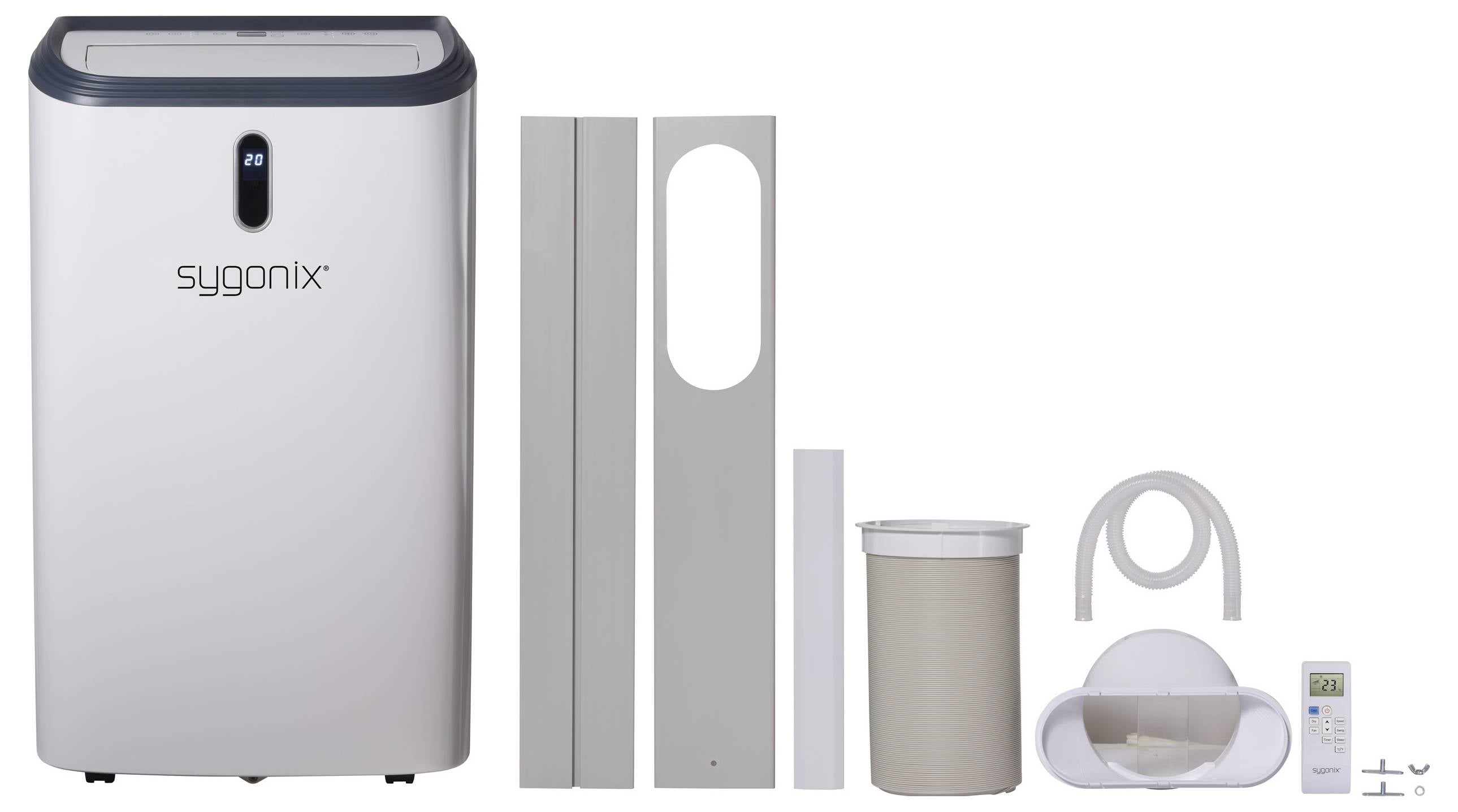 Déshumidificateur d'air avec accessoires : appareil principal, joint d'étanchéité pour fenêtre, tuyau de vidange et télécommande. Design blanc, construction compacte.