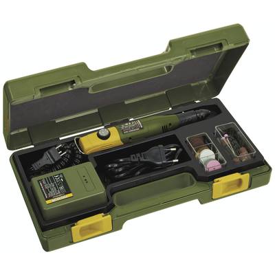 Coffret à outils vert avec outil multifonction, chargeur, embouts et câble secteur. Idéal pour les projets de bricolage.