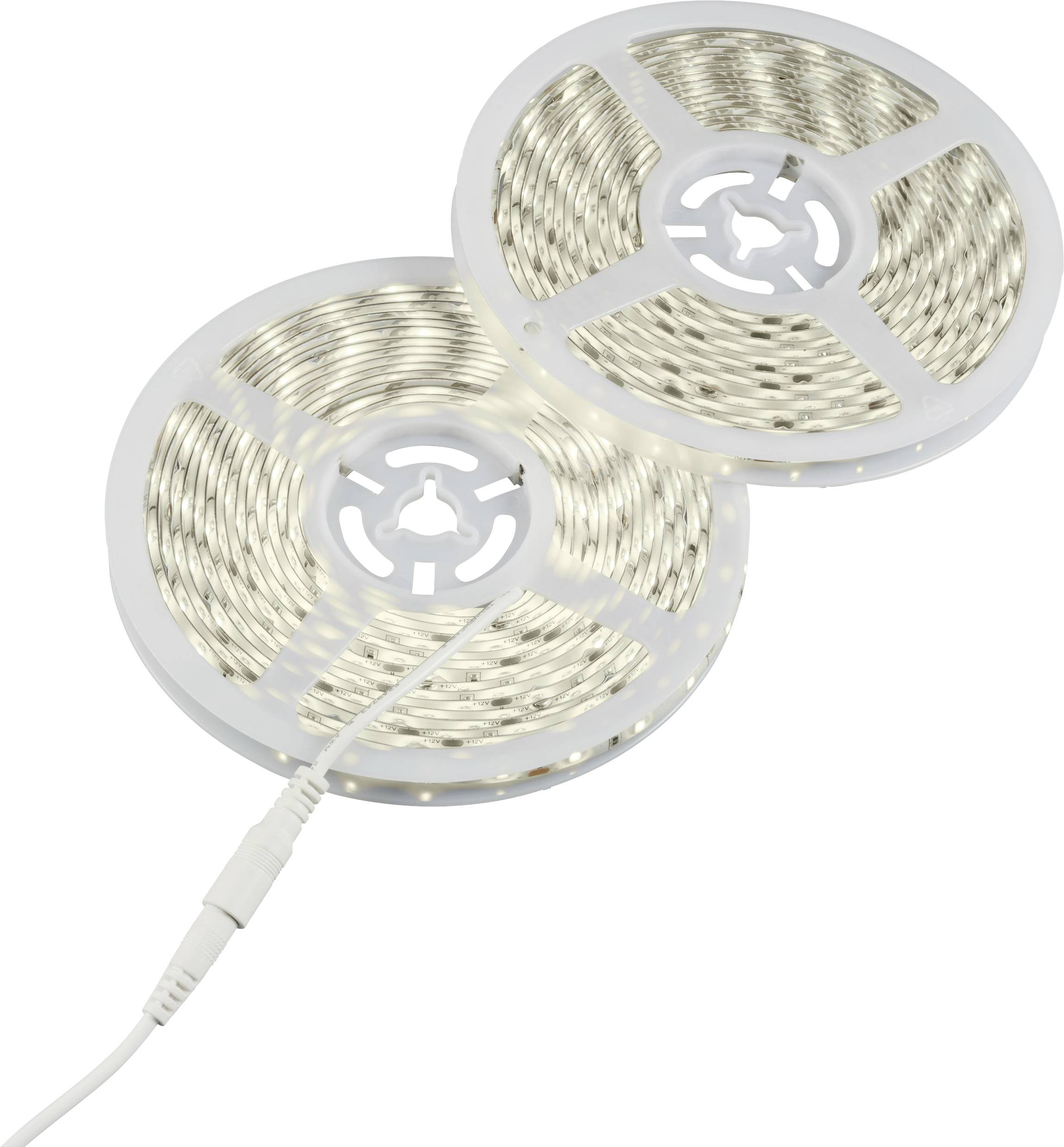 Deux rouleaux de bandes lumineuses LED blanches, reliés par un câble, sont posés sur une surface plane. Ils sont prêts à être installés.