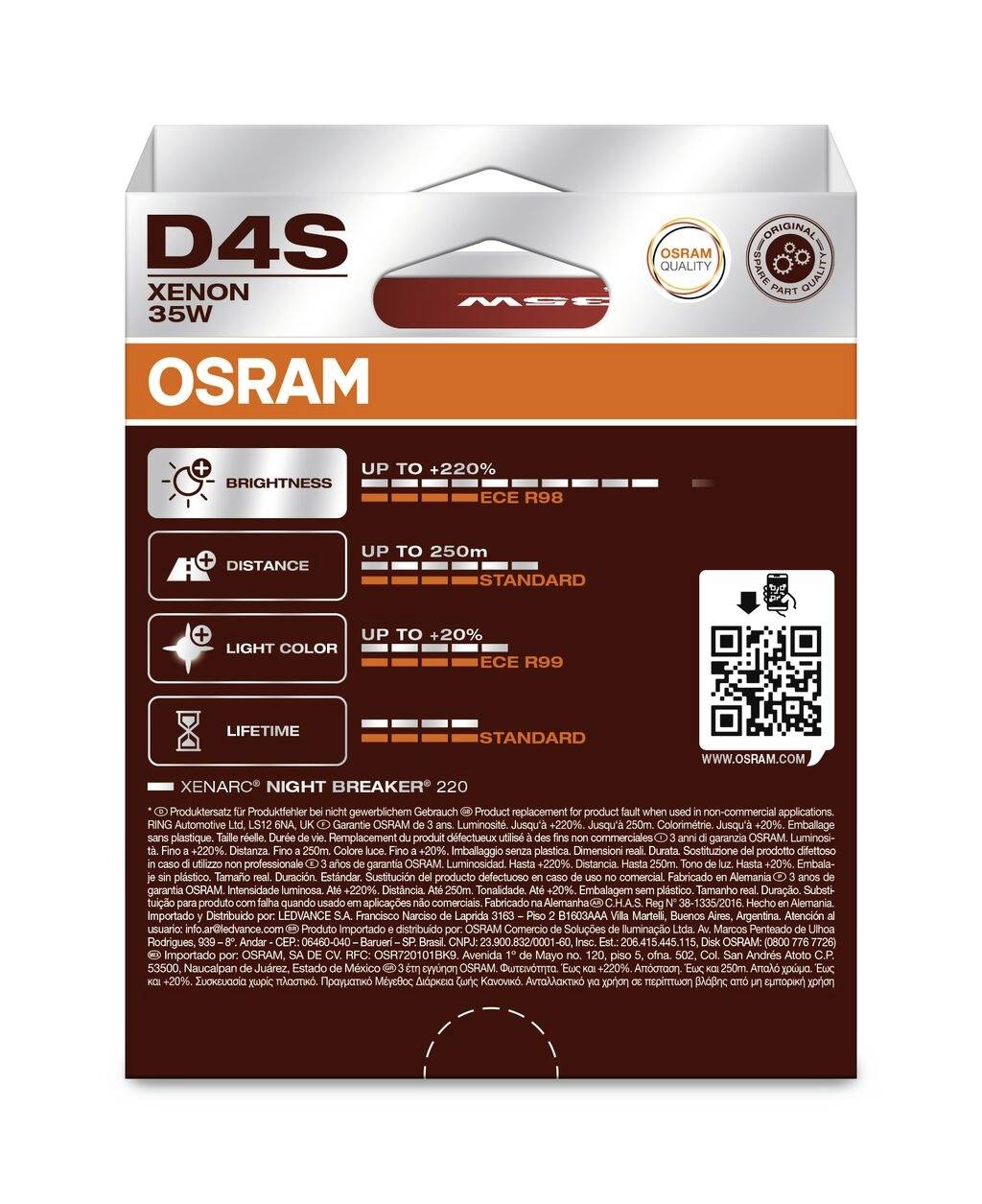Emballage de la lampe Osram D4S Xenon 35W. Luminosité, portée, couleur de lumière et durée de vie mis en évidence. Contient un code QR et un sceau de qualité.