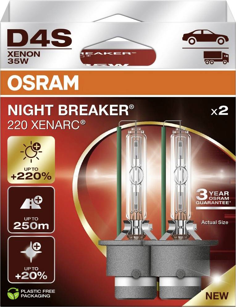 Lampes Xénon 'OSRAM Night Breaker 220 Xenarc' D4S. Offre 220% de luminosité supplémentaire, portée de 250m, lumière 20% plus blanche. Contient deux lampes. Garantie de 3 ans.