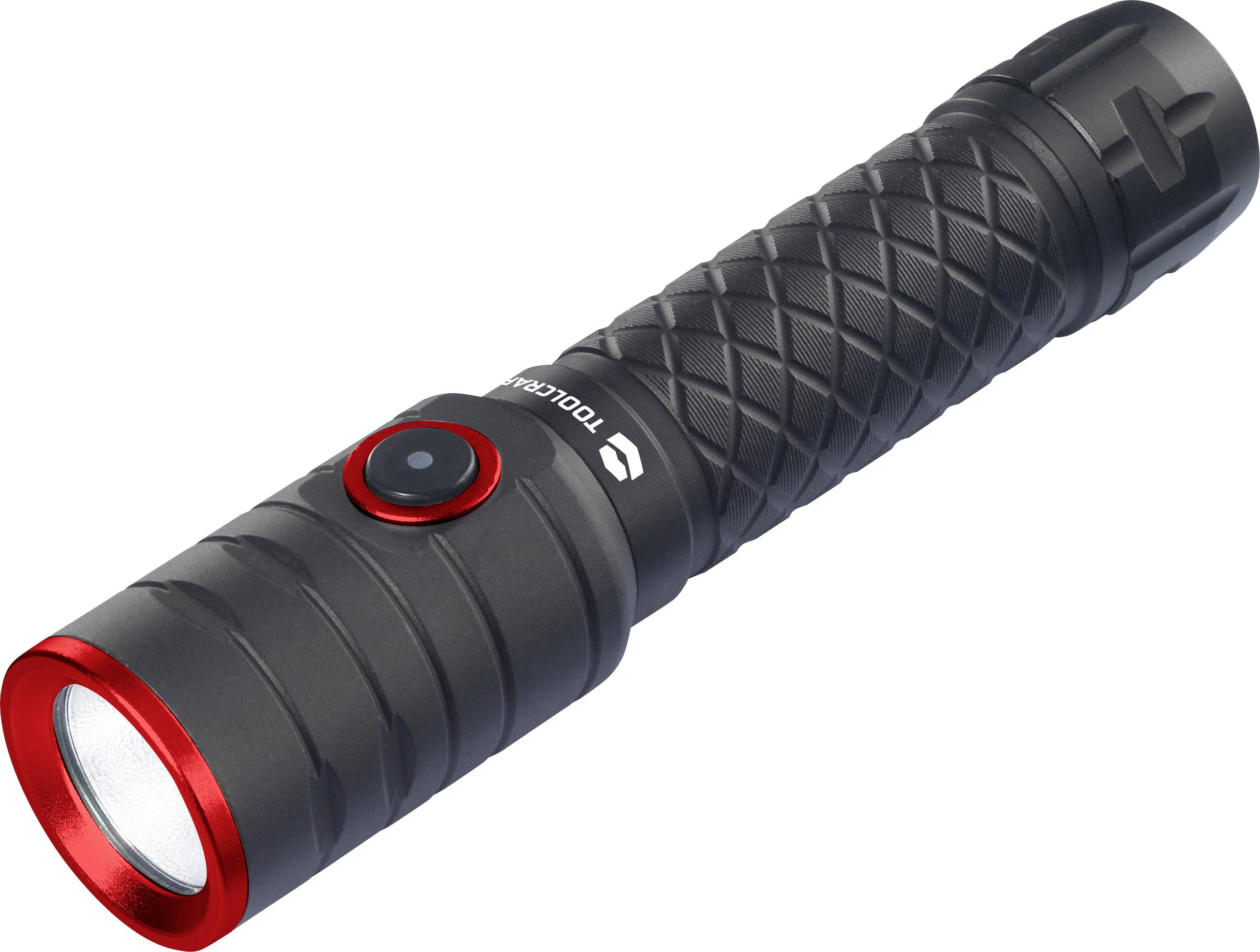 Une lampe de poche noire avec un bord rouge et une poignée texturée. Elle dispose d'un grand interrupteur principal sur la poignée.