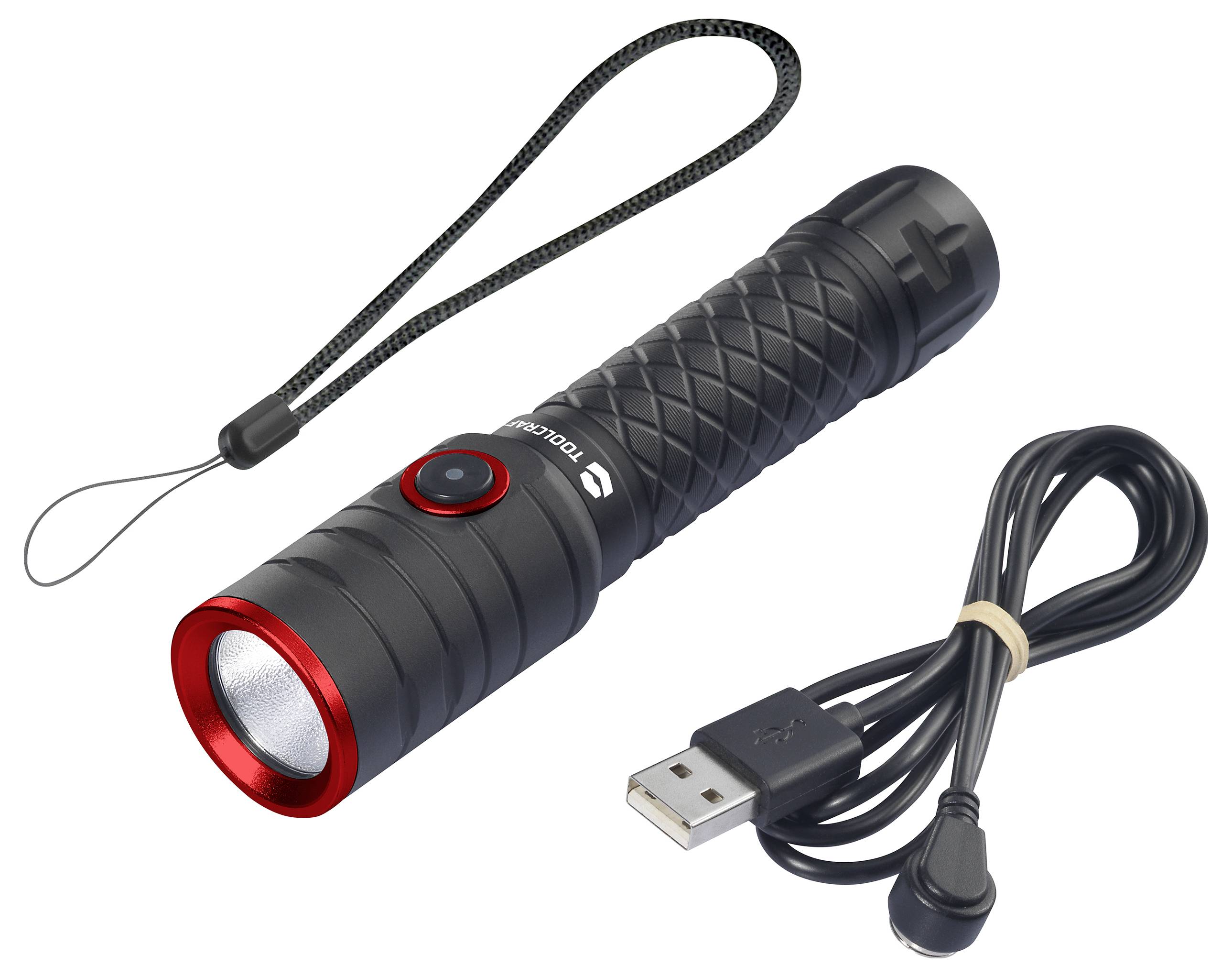 Une lampe de poche noire avec un bord rouge et un câble USB à côté, idéale pour le camping ou les situations d'urgence.