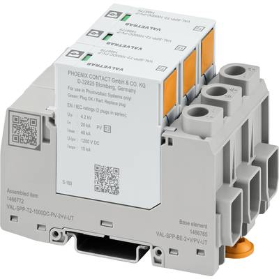 Un composant électrique gris avec trois insertions oranges. L'étiquette indique des détails techniques et le fabricant 'Phoenix Contact' d'Allemagne.