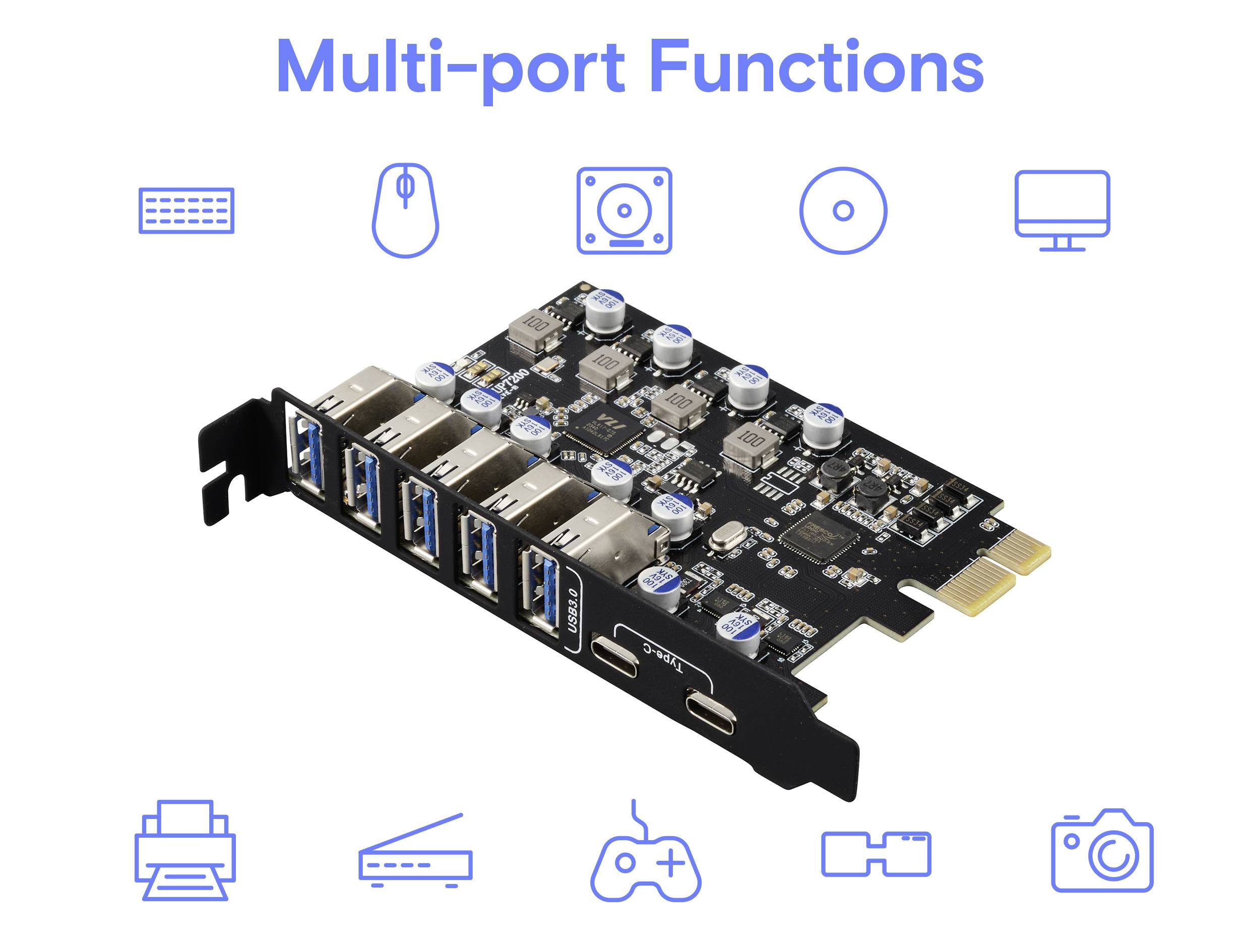 Carte PCIe avec plusieurs ports USB, adaptée à divers appareils, notamment clavier, souris, disque dur et appareil photo.