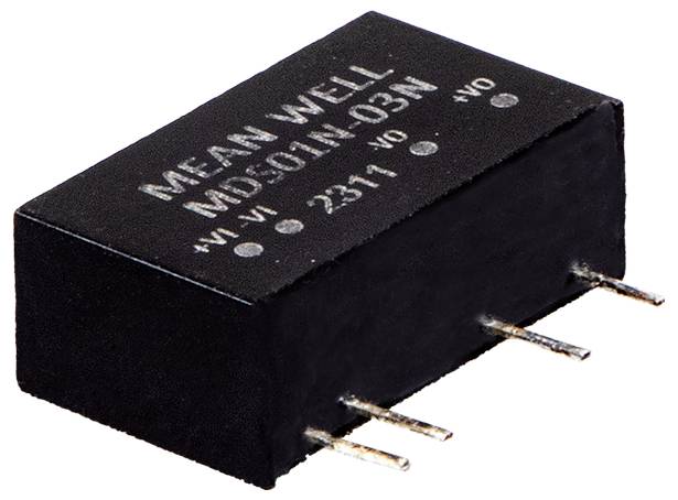 Un bloc électronique rectangulaire noir avec quatre bornes, étiqueté 'MEAN WELL'.
