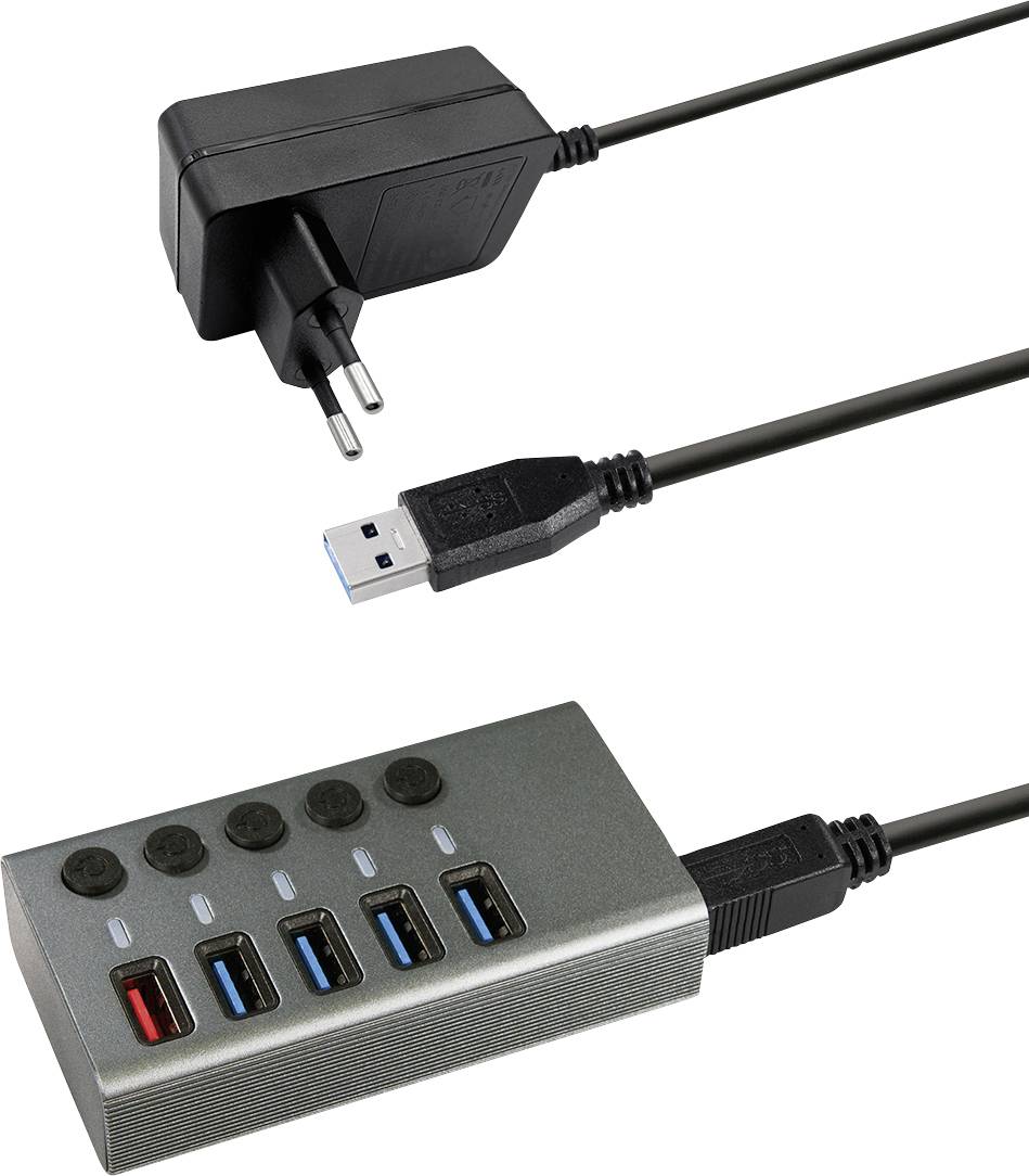 Un hub USB à quatre ports, deux bleus et deux noirs, à côté d'un adaptateur secteur et d'un câble USB pour l'alimentation et la connexion.