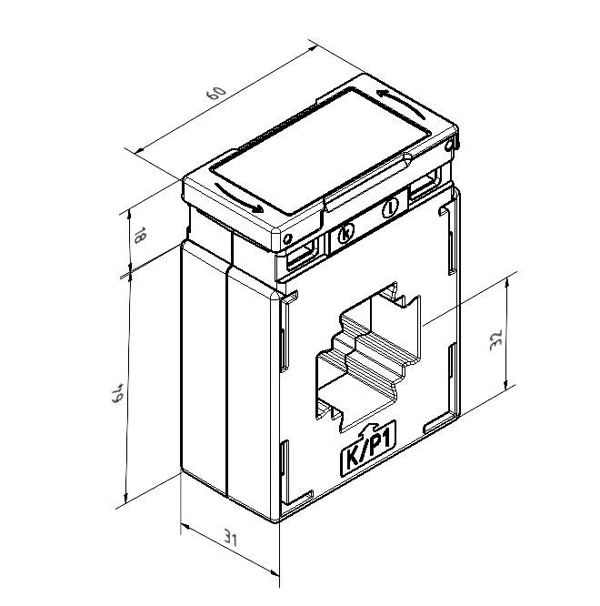 Illustration d'un dispositif technique avec ses dimensions. Il montre un boîtier rectangulaire avec des ouvertures et l'étiquette 'K/P1'.