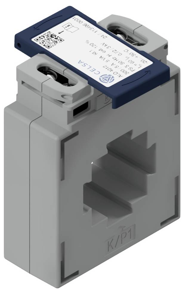 Un capteur de courant gris avec un dessus bleu, de forme rectangulaire et présentant un trou central, utilisé pour les mesures électriques.