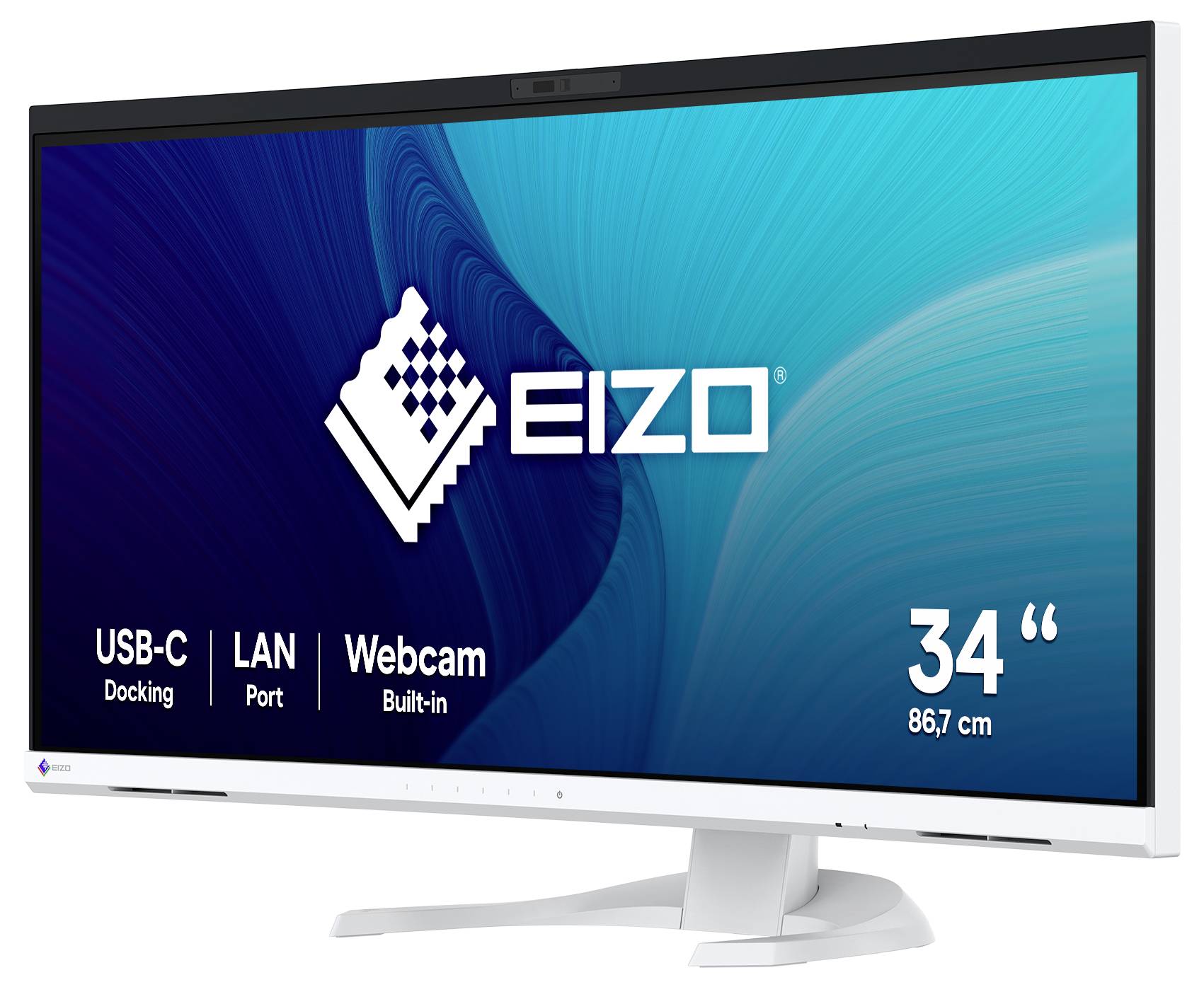 Un moniteur EIZO de 34 pouces (86,7 cm), affichant 'Dock USB-C', 'Port LAN' et 'Webcam intégrée' sur un fond bleu.