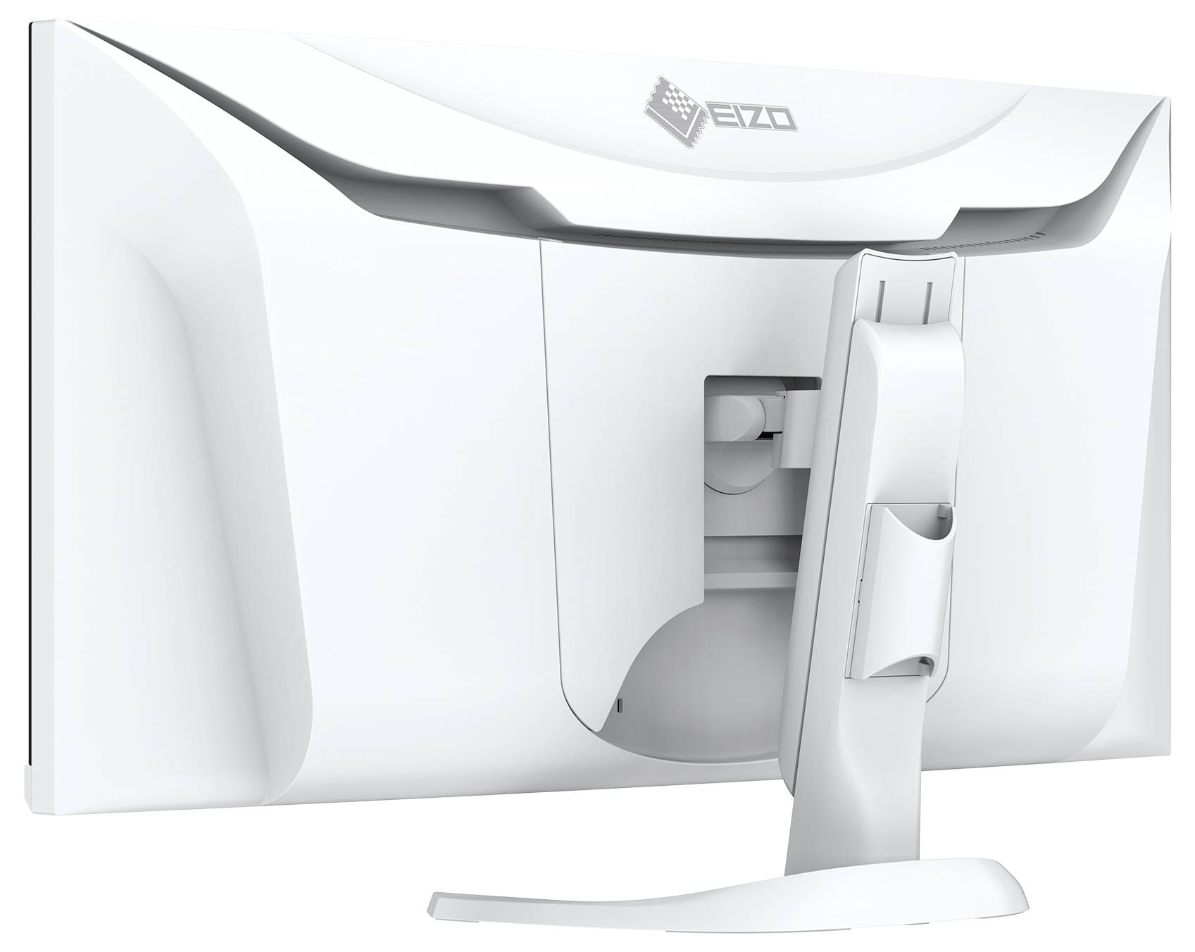 Un moniteur d'ordinateur blanc de marque Eizo, vu de dos, avec un socle robuste et une gestion des câbles intégrée.