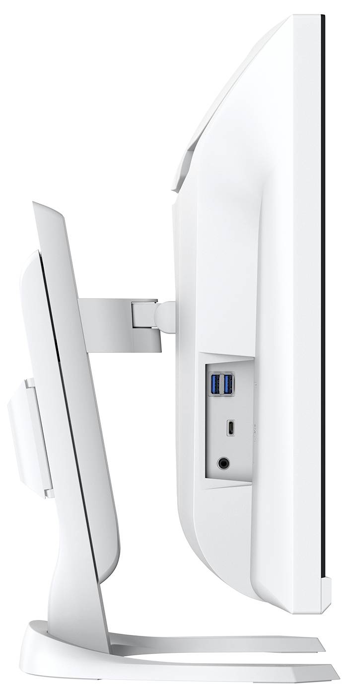 Vue latérale de deux moniteurs blancs disposés côte à côte, montrant leurs bordures fines et leurs ports USB.