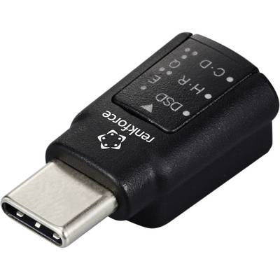 Un adaptateur USB-C noir avec des étiquettes indiquant différentes fonctions : C-D, H-R, E et DSD. Utilisé pour diverses possibilités de connexion.