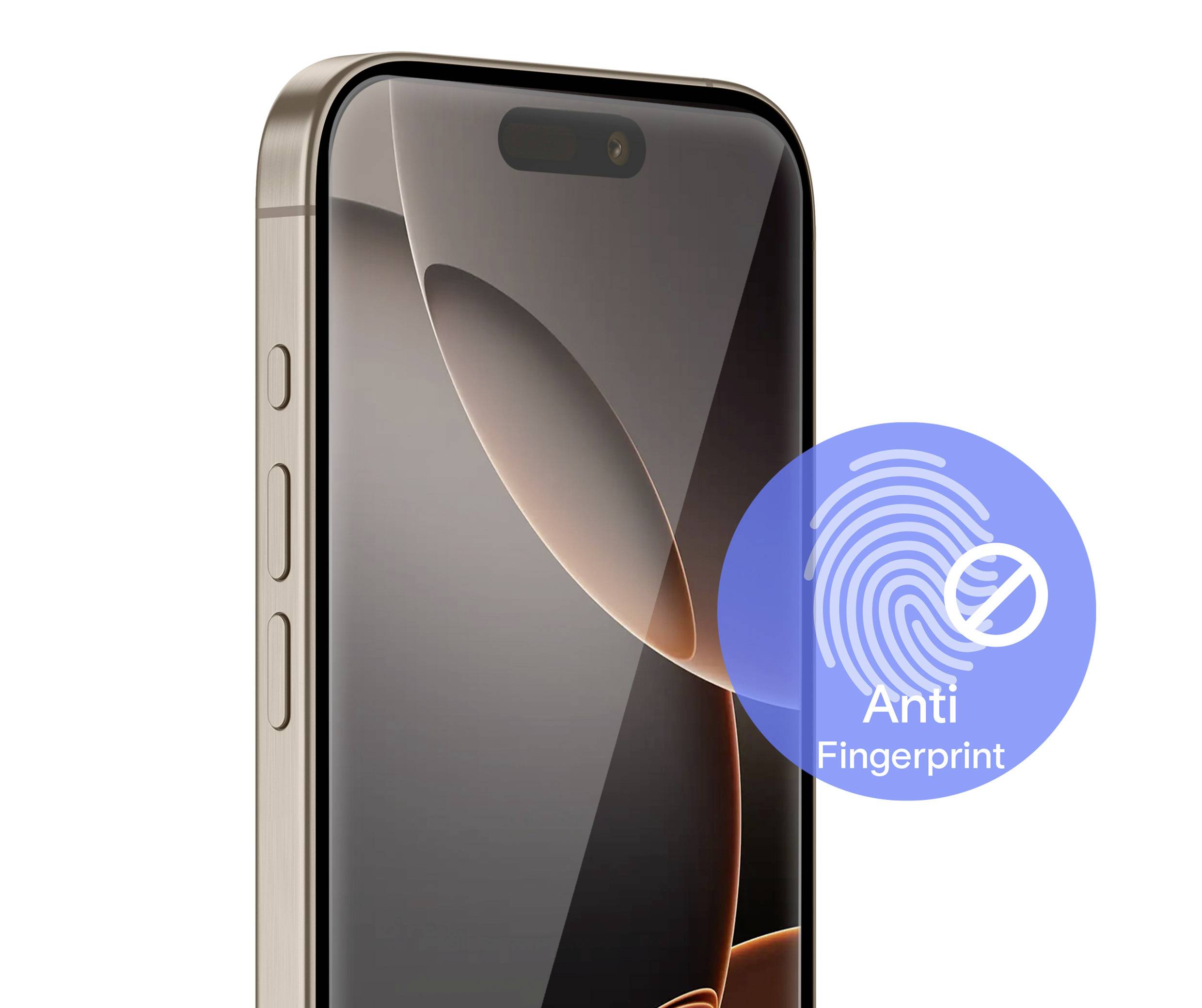 Smartphone avec un écran lisse et un symbole de revêtement anti-empreintes, représentant un graphique d'empreinte digitale barré.