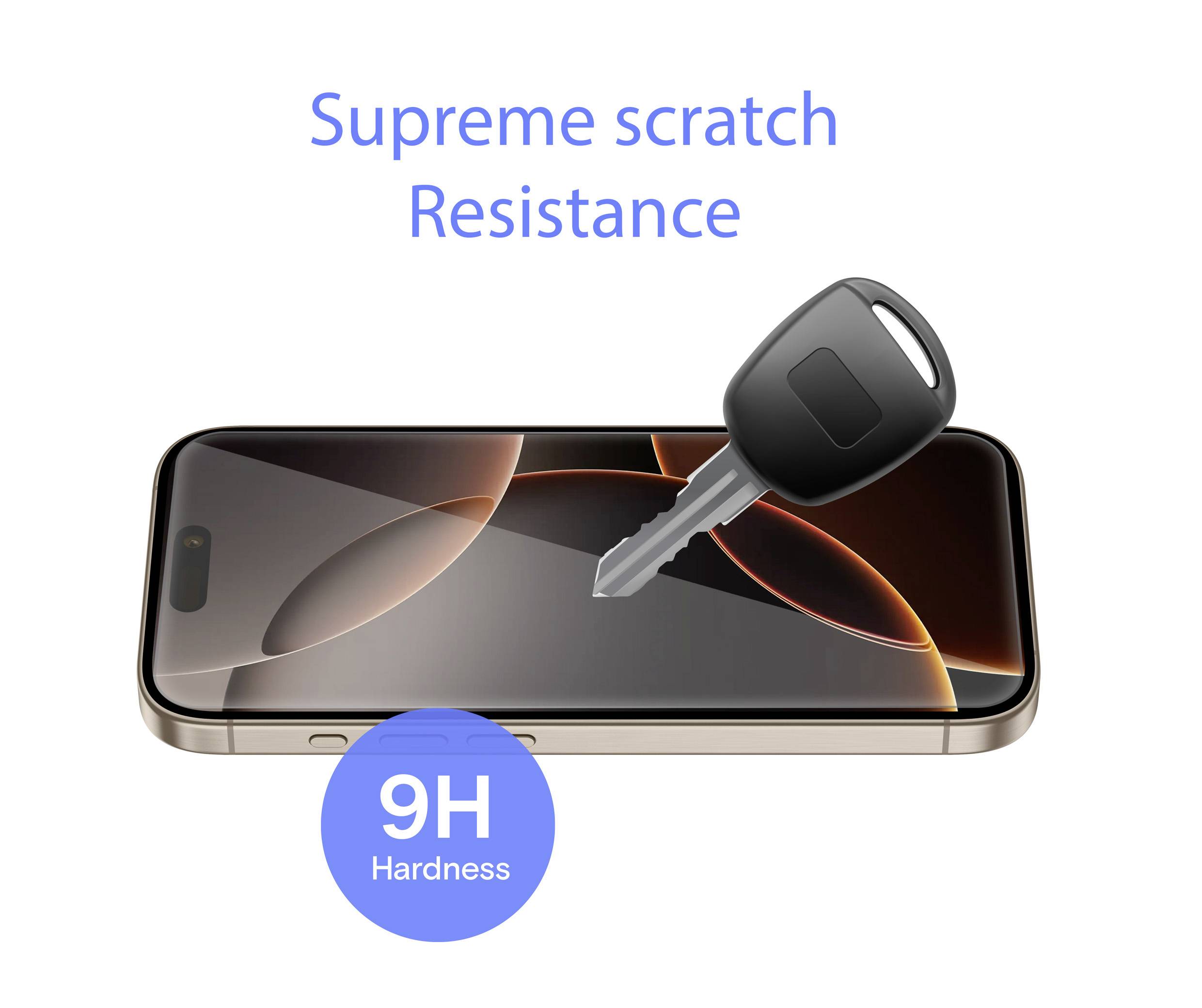 Un smartphone protégé par un écran de protection est touché par une clé. Texte au-dessus : 'Résistance aux rayures Supreme'. Un cercle met en évidence la 'Dureté 9H'.