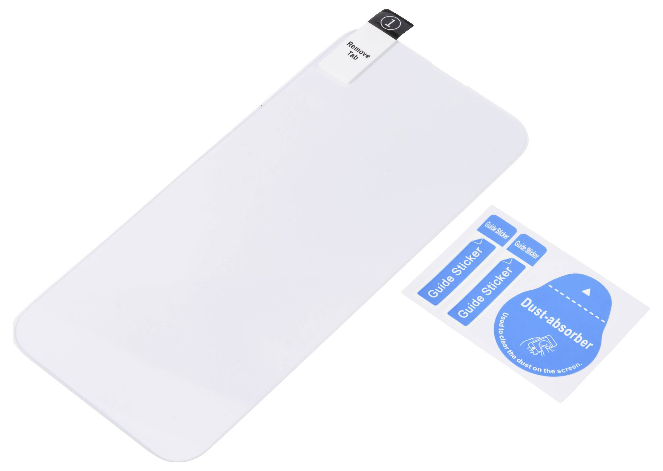 Protecteur d'écran avec absorbeur de poussière et autocollants de guidage. Comprend des instructions pour une application facile sur les appareils mobiles.