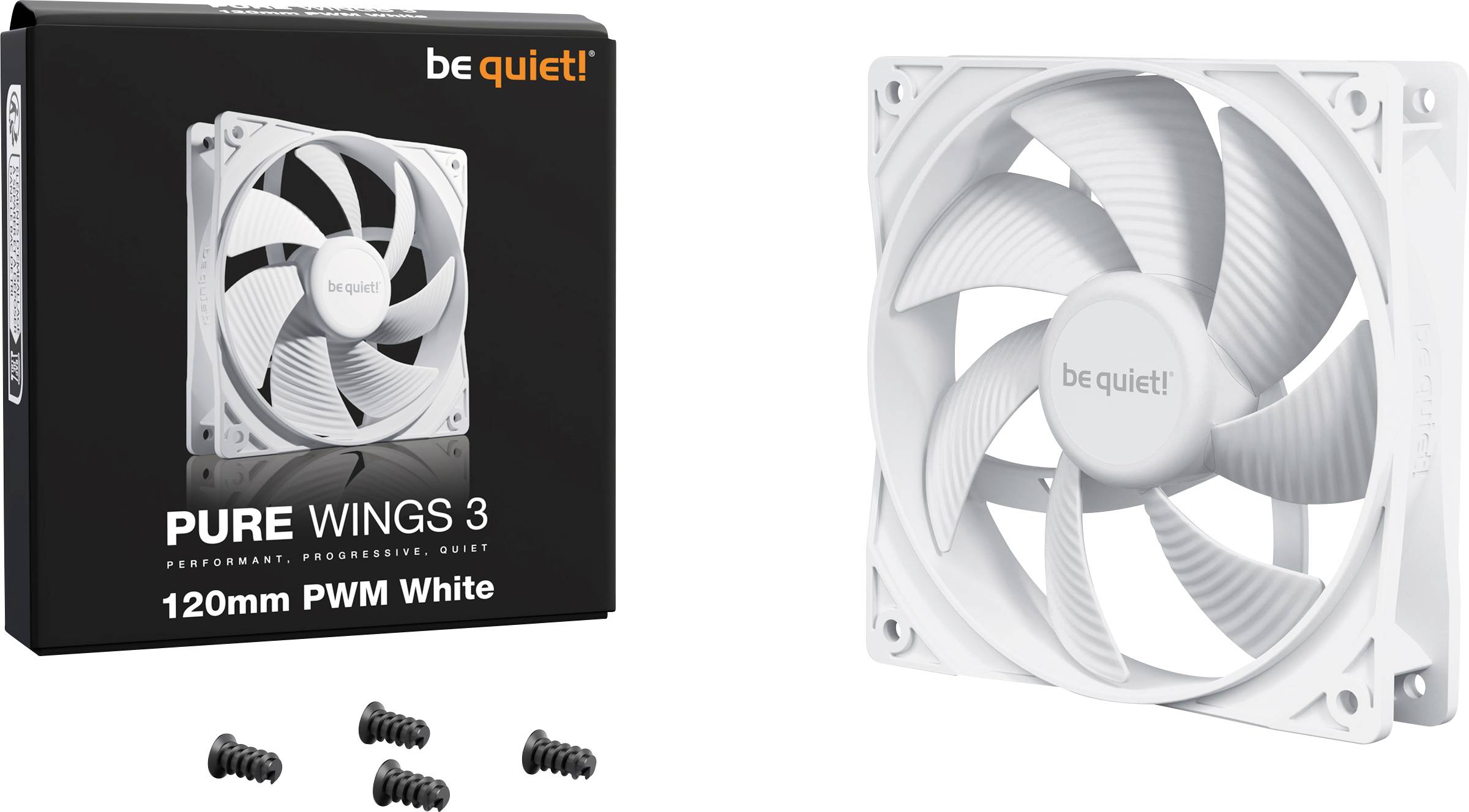 Unité de ventilation PC blanche 'be quiet! Pure Wings 3' avec son emballage et ses vis de montage, présentant le design du produit et ses accessoires.