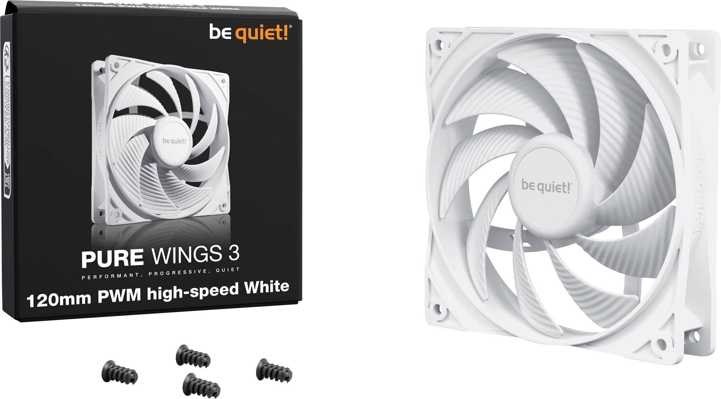 Un ventilateur blanc de 120 mm à côté de son emballage. L'emballage affiche le texte « be quiet! PURE WINGS 3 120mm PWM high-speed White ».