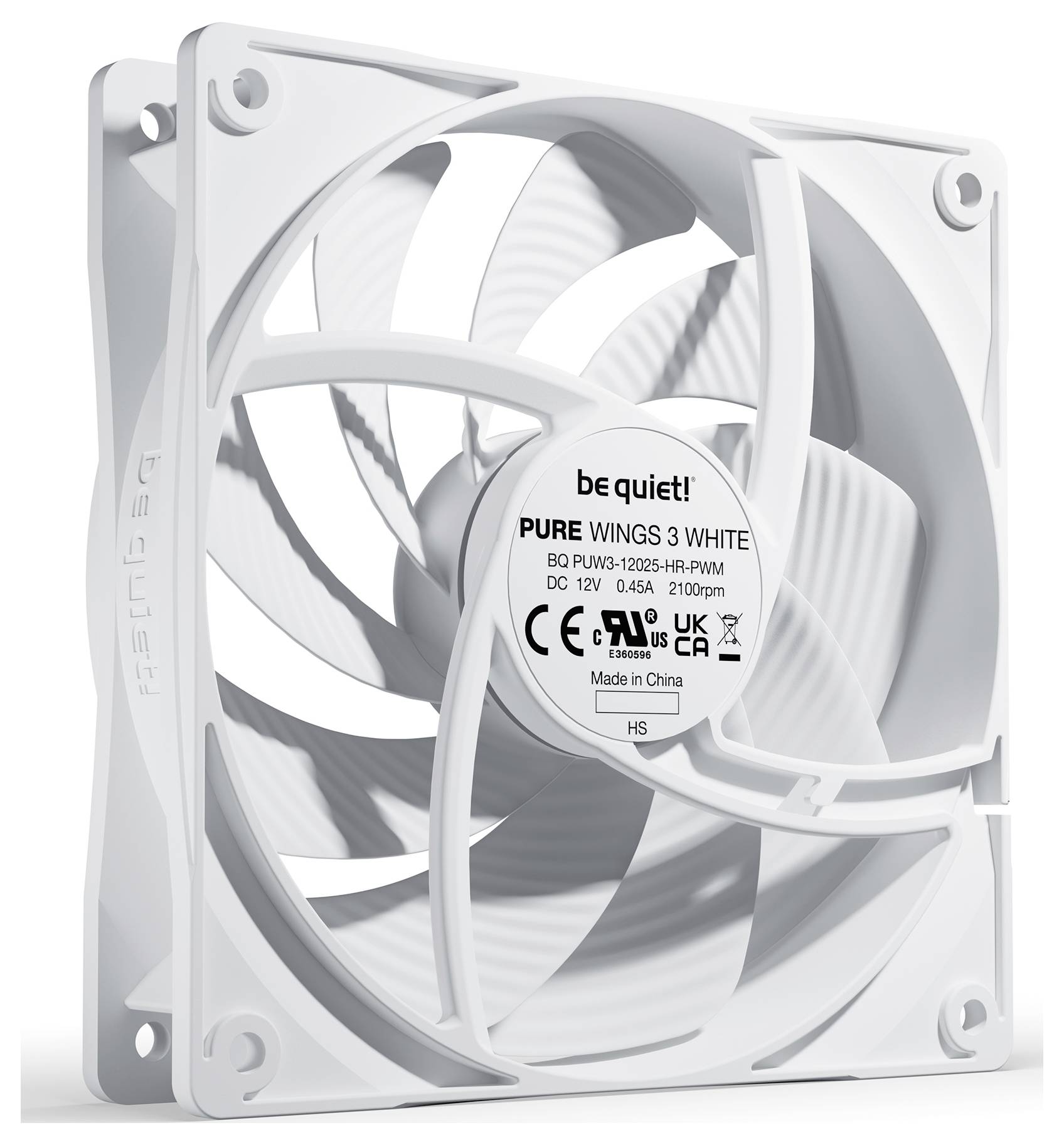 Ventilateur d'ordinateur blanc avec l'inscription 'PURE WINGS 3 WHITE' sur l'étiquette, affichant des spécifications telles que 12V, 0,30A, 2200 tr/min.